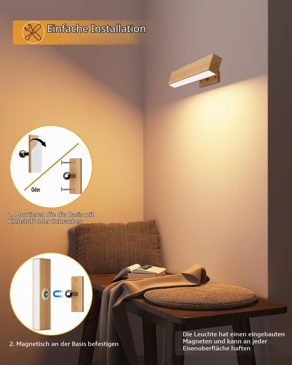 DetarZinLED Wandleuchte Akku Fernbedienung & Touch Buchenholz 2 Stück | Wandlampe Ohne Bohren, Bett Leselampe, Dimmbar, 3 Farbmodi & RGB, Magnetisch, 360° Drehbar, Schlaf/Wohnzimmer, Aufladbar