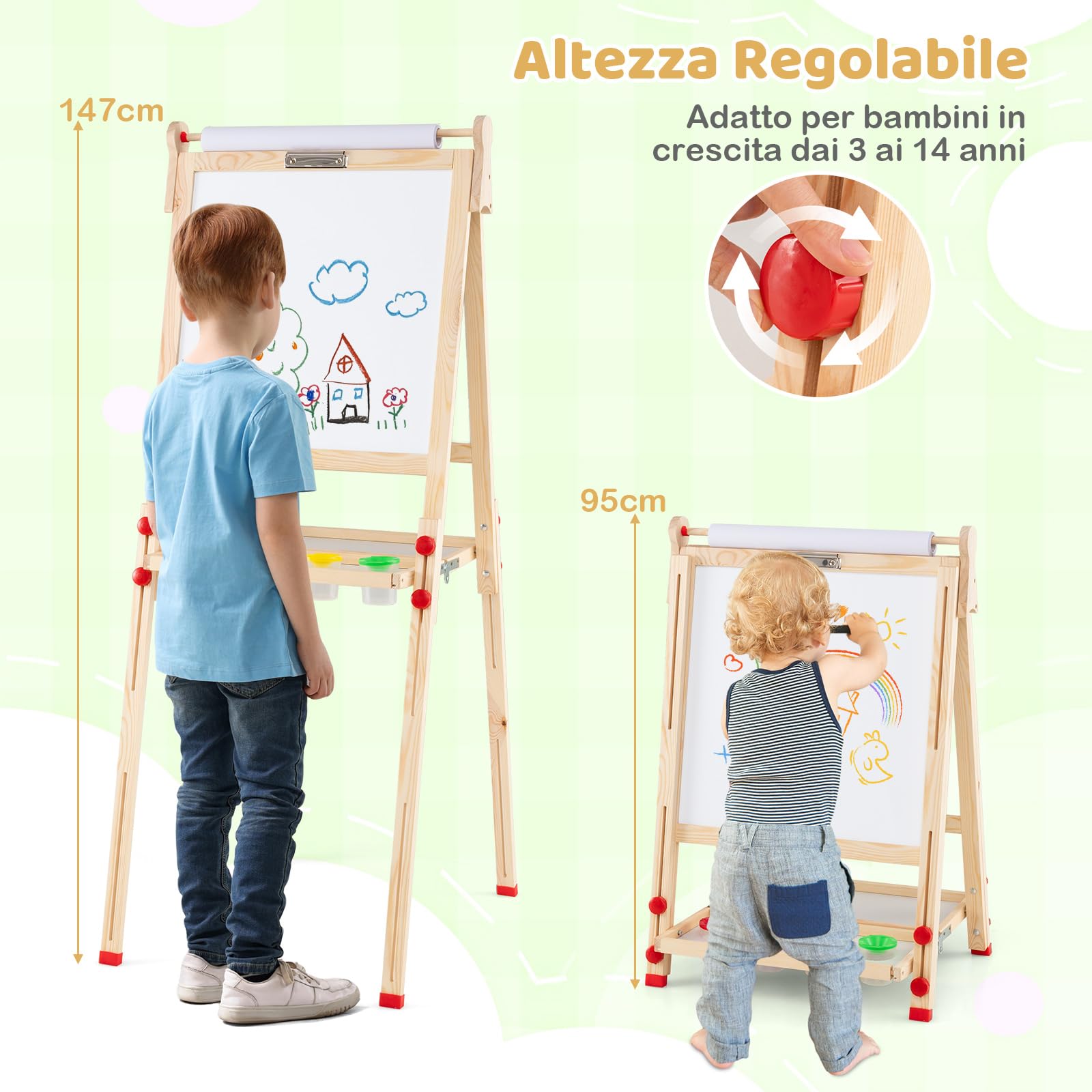 COSTWAY 3 in 1 Cavalletto per Bambini, Cavalletto Artistico in Legno con Doppia Faccia Magnetico, Lavagna Bianca, Lavagna Nera e Rotolo di Carta, Pieghevole e Altezza Regolabile