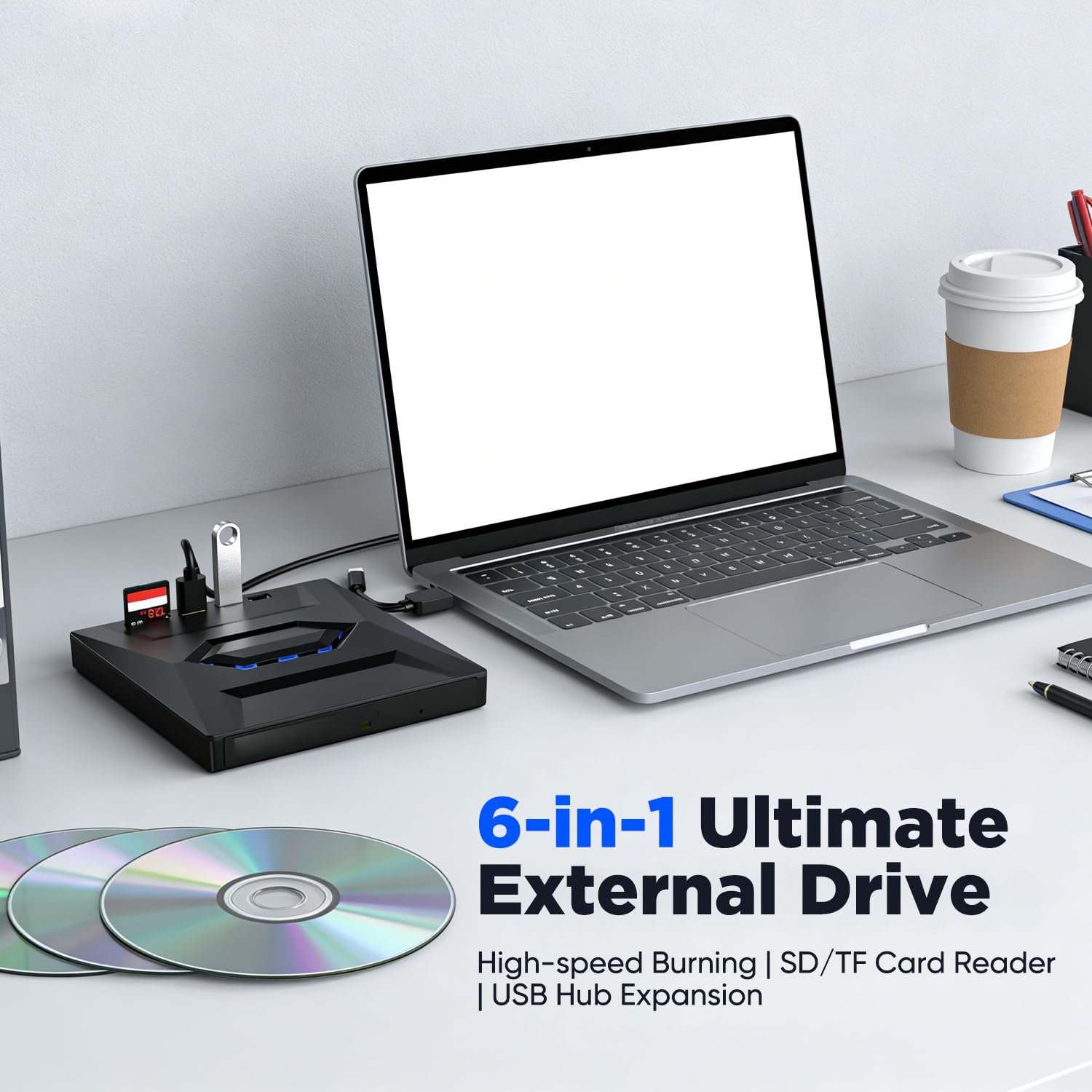 SakerPlus 7-in-1 External USB DVD Drive & Blu-ray Player, USB 3.0/Type-C Portable BD/DVD/CD Burner Reader Writer with USB Hub, SD/TF Card Reader, 6X Blu-ray Optical Drive for Laptop/Desktop (1-Pack) — view 2