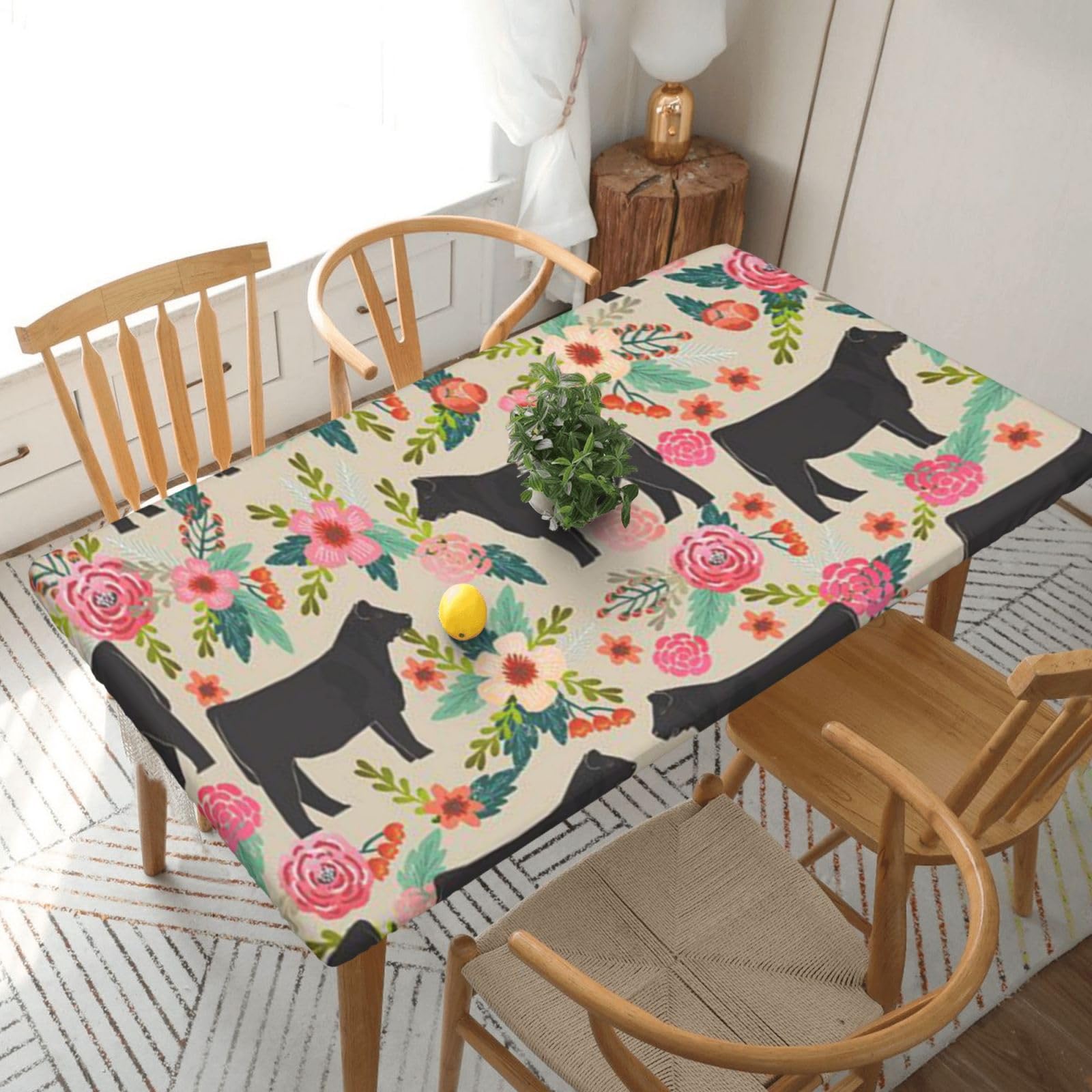 BNVSADC Pink Flower Show Steer Cows Cattle Printed 5FT Tablecloth Polyester Kitchen Water Resistant Table Cloth Dining Table Decoration Table Covers, 152x76 CM