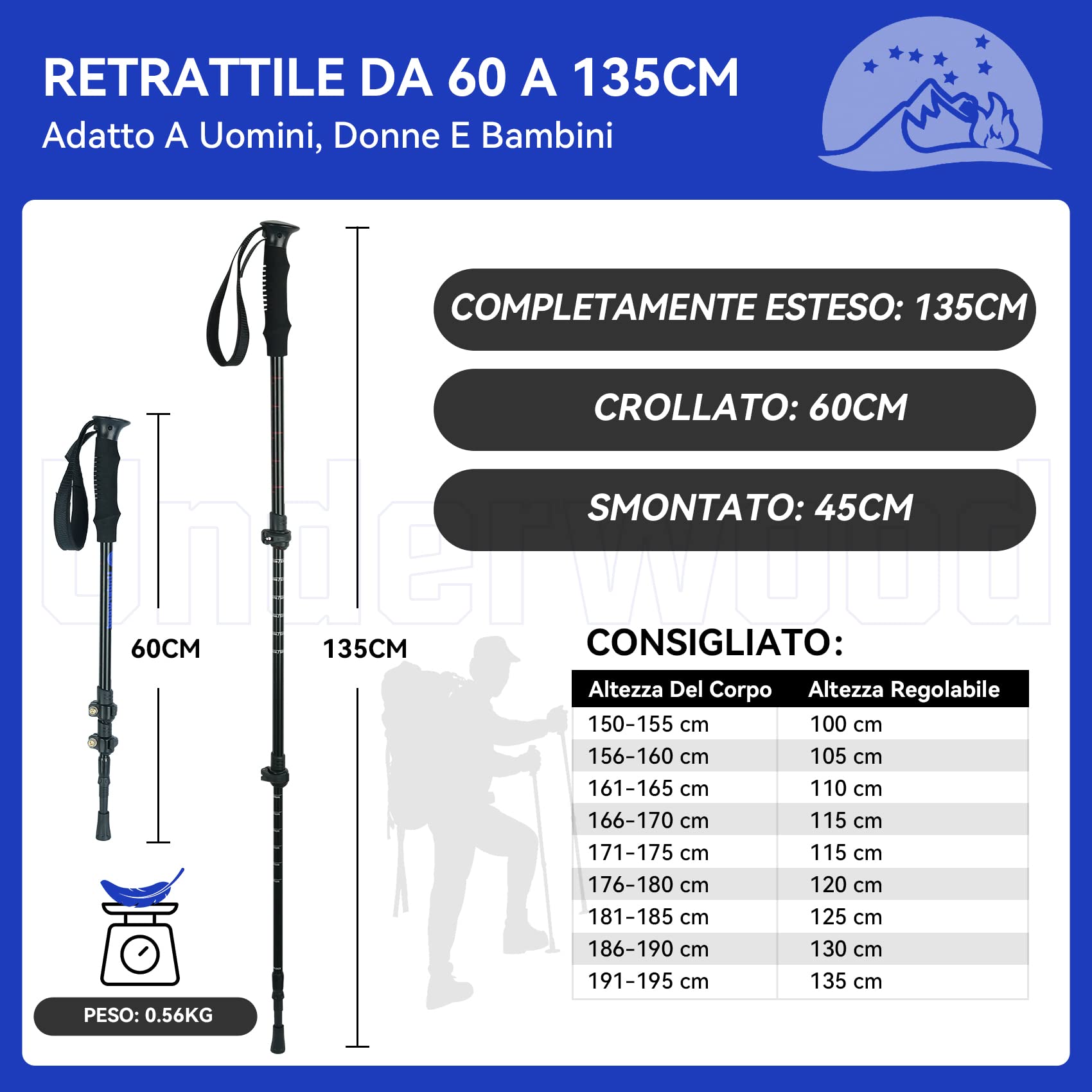 Bastoni da Nordic Walking per Trekking, Bastone da Trekking Telescopico 2 Pezzo per Tenda, Alluminio Bastone da Trekking per Bambini, Adulto, Bastone Regolabile con Assorbimento Anti-shock