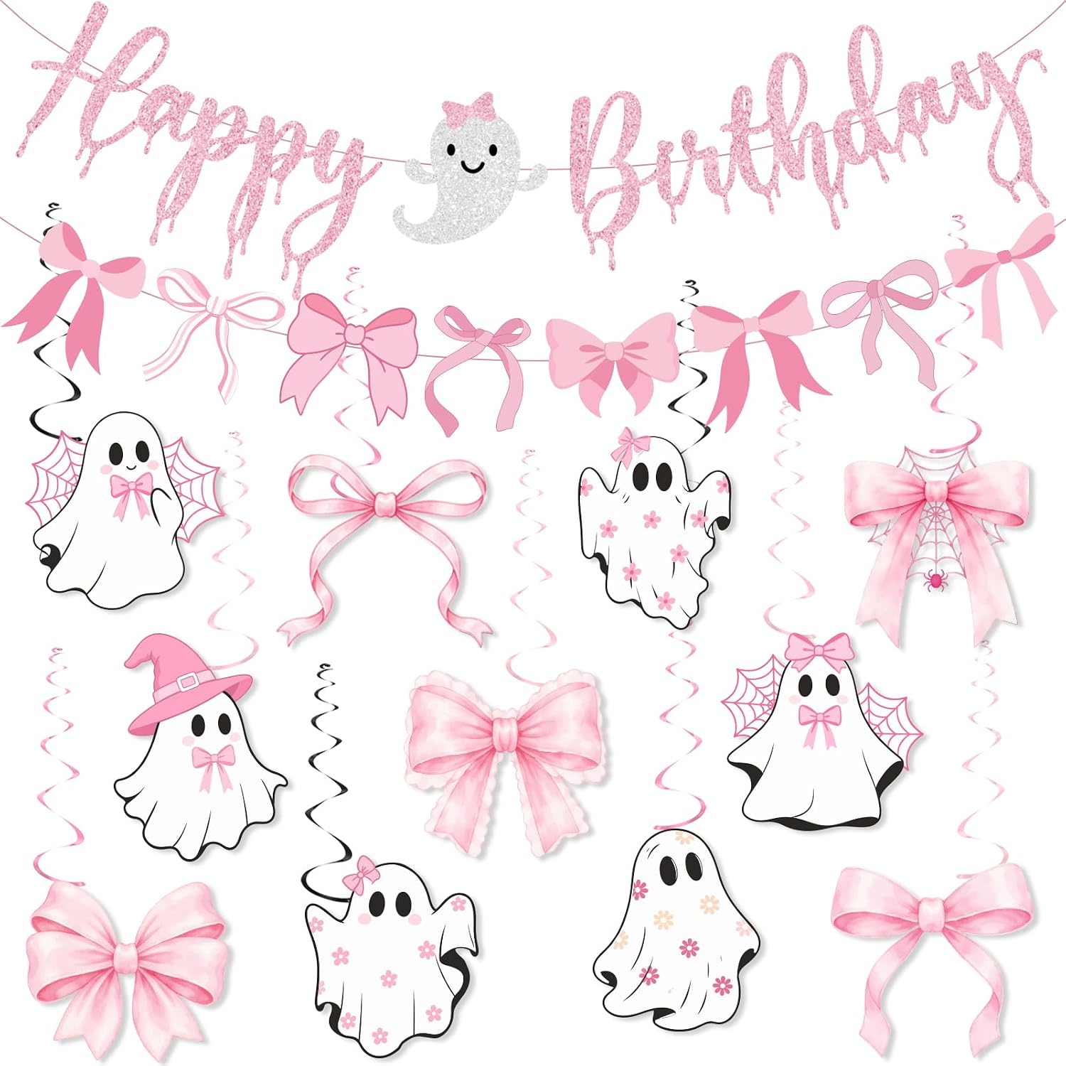 Pink Halloween Party Decorations, Ghost Party Decorations includes Pink Happy Birthday Banner and Ghost Bow Hanging Swirls, for Happy Boo Day Halloween Birthday Party Decorations Supplies