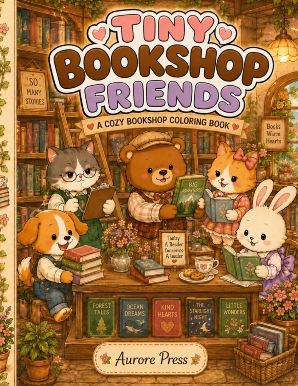 TINY BOOKSHOP FRIENDS: Cute Kawaii Bookshop Coloring Book for Stress Relief — Adults, Teens and Kids