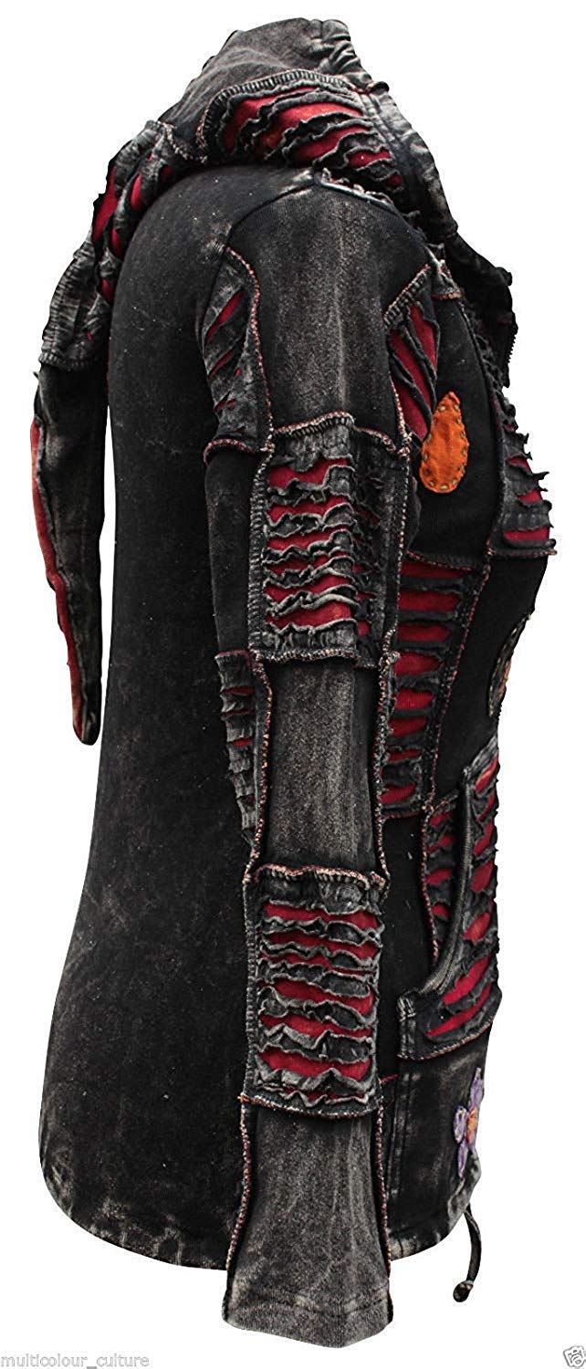 SHOPOHOLIC FASHION Slashed Patchwork Zippé Noir Sweat à Capuche pour Femmes, Sweatshirt Long en Coton Lavé à la Pierre
