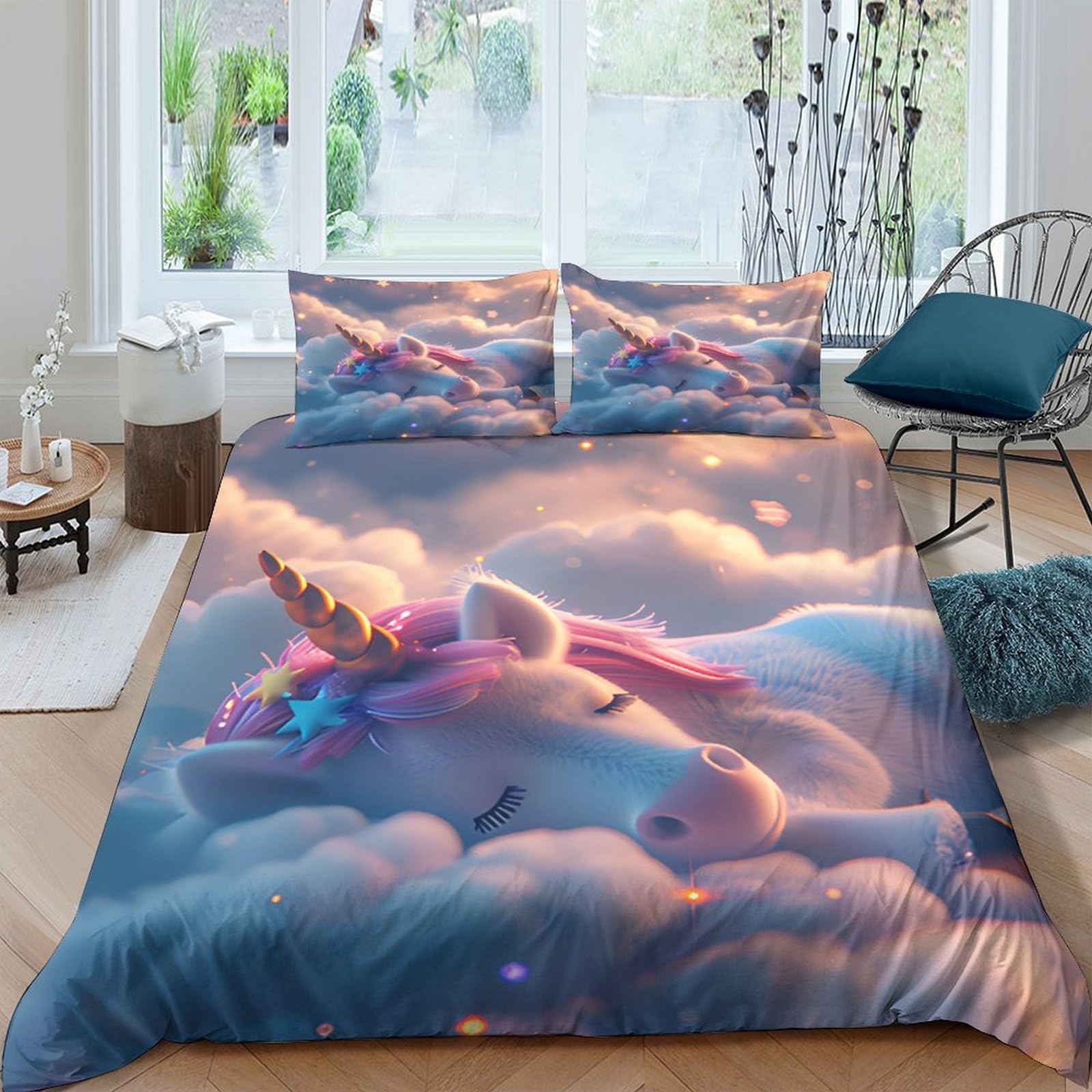 Ctjqhvkz Style-5 3D Printed Dreamy Unicorn Fitted Sheet Microfiber Soft Clouds Fantasy Rainbow Mattress Cover For Bedroom Decor Single（135X200cm）