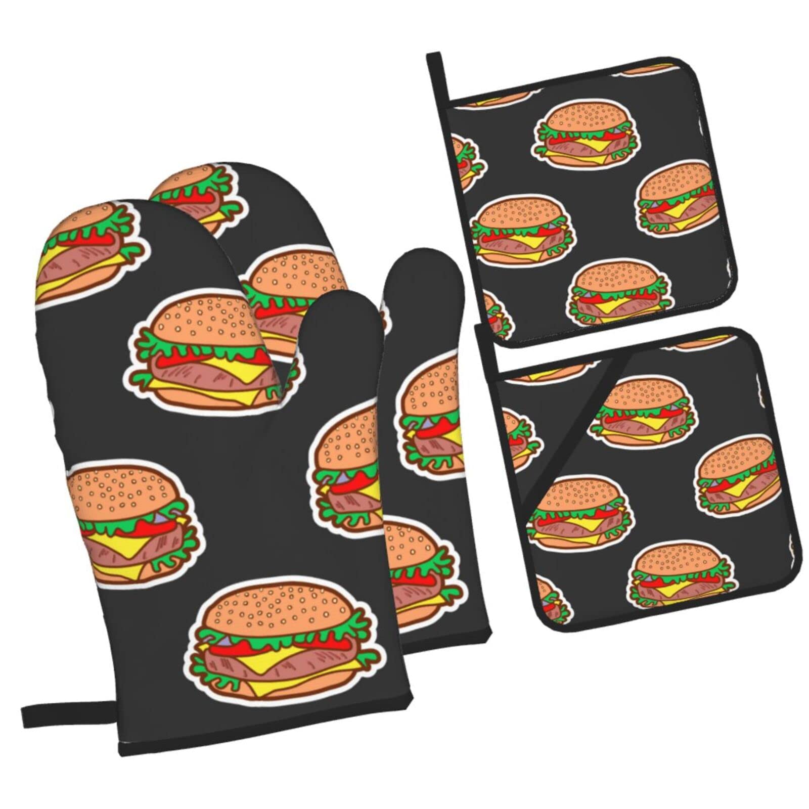 Tasty Burger Black Background Oven Mitts and Pot Holders Sets, Christmas Oven Mitt Kitchen Heat Resistant Non-Slip Pot Holders Set for Cooking Baking BBQ