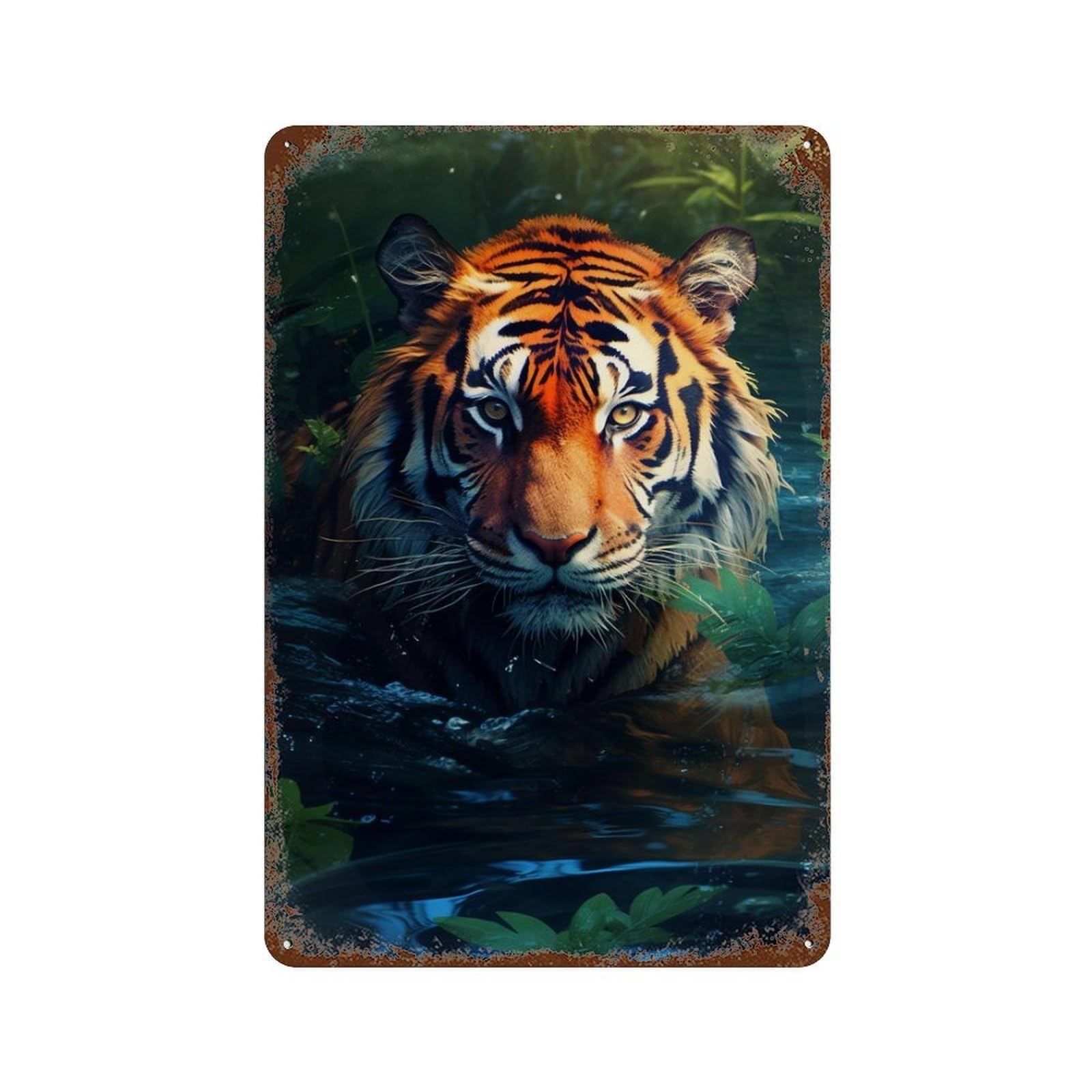 Tiger in Amazon Jungle 11.8"x7.9" Aged Metal Wall Plaque, Vintage Wall Decor for Basement, Hobby Room And Garage Decor