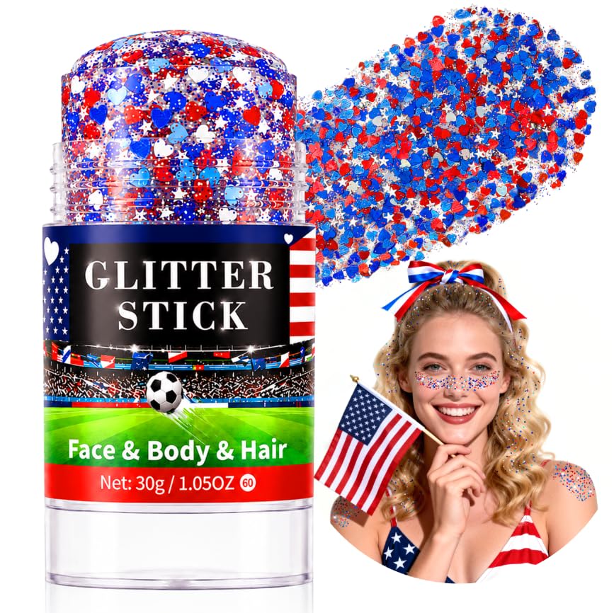Mysense Red White Blue Glitter Stick for Face Hair Body, Waterproof Patriotic Glitter with Heart & Star Sequins, 4th of July Outfits Accessories for Women and Kids, Football Game Makeup 1.05oz