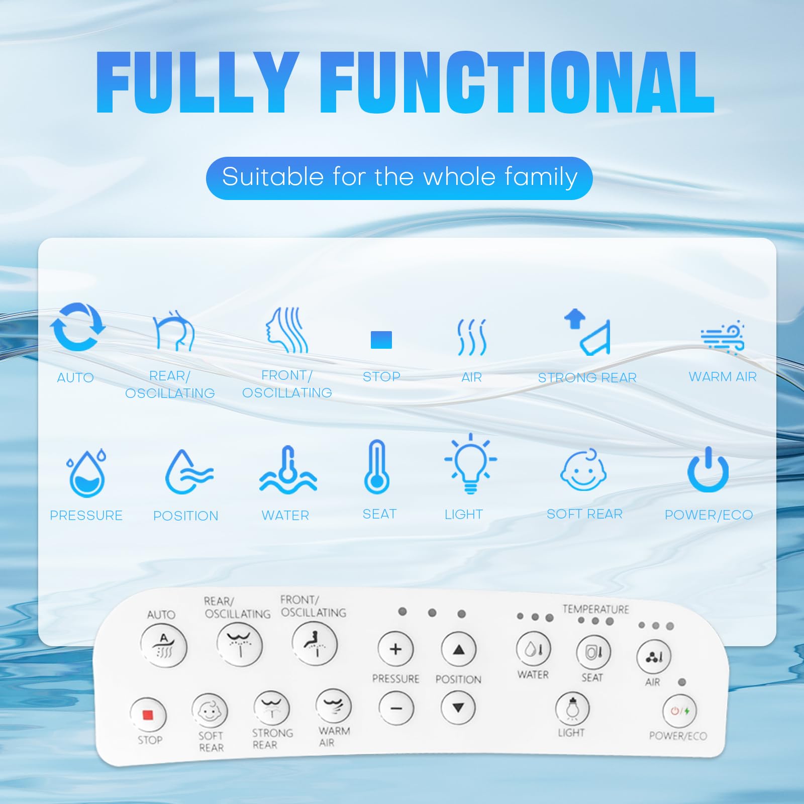 Asiento de Inodoro Inteligente con Bidet, Modelo Alargado Eléctrico con Cuatro Modos de Limpieza, Temperatura y Presión Ajustables, Asiento con Calefacción y Mando de Control