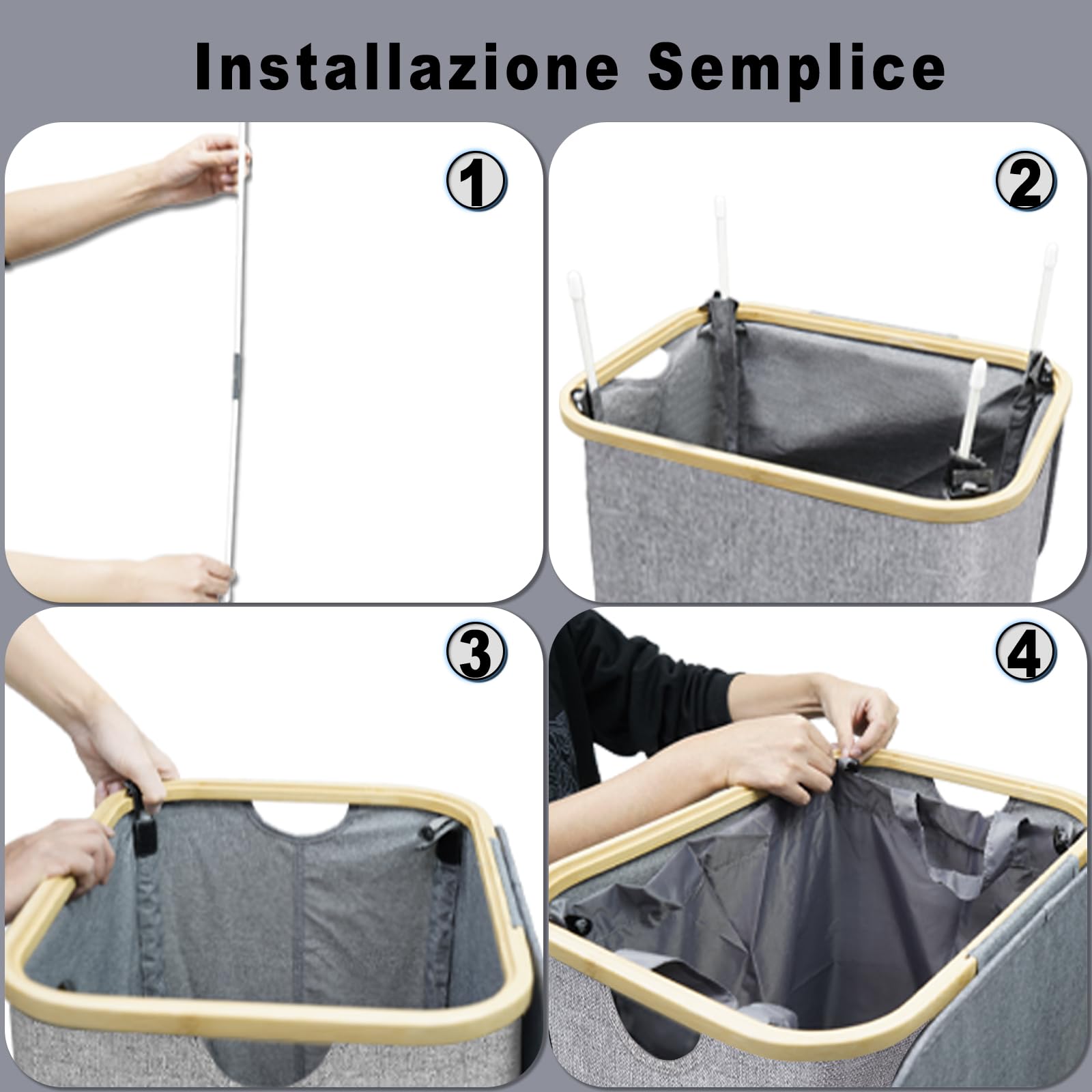 Cesto Portabiancheria Sporca Grande -100L Cesto Biancheria Sporca per Bagno in Bambú con Coperchio, Cesta Panni Sporchi con Manici per Bagno, Lavanderia, Camera da Letto per Salvaspazio-Grigio