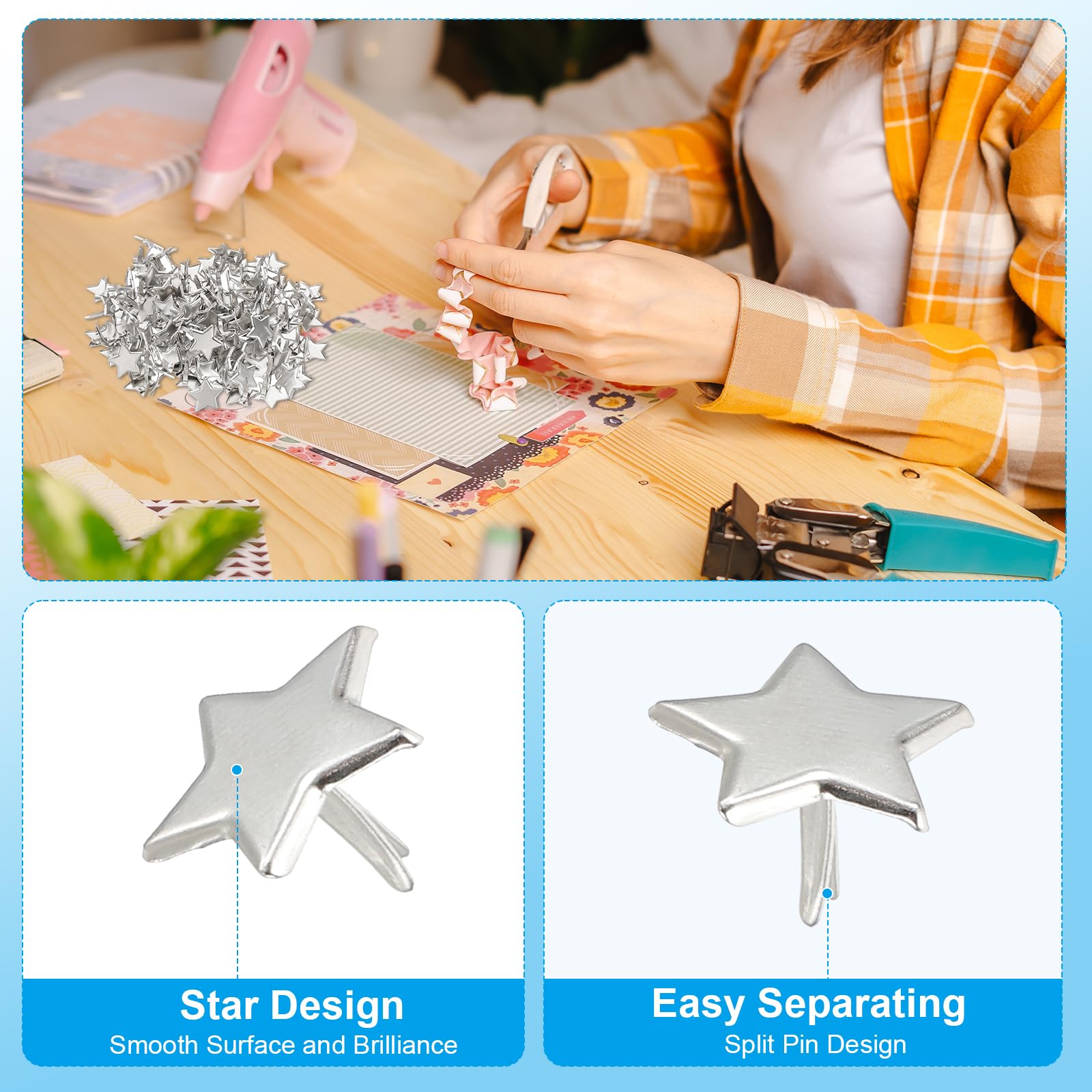 PATIKIL Fermagli per Carta Brads 200Pz Mini Fermacampioni Stella Metallo Testa Tonda Tono Argento 0,6"x0,4"