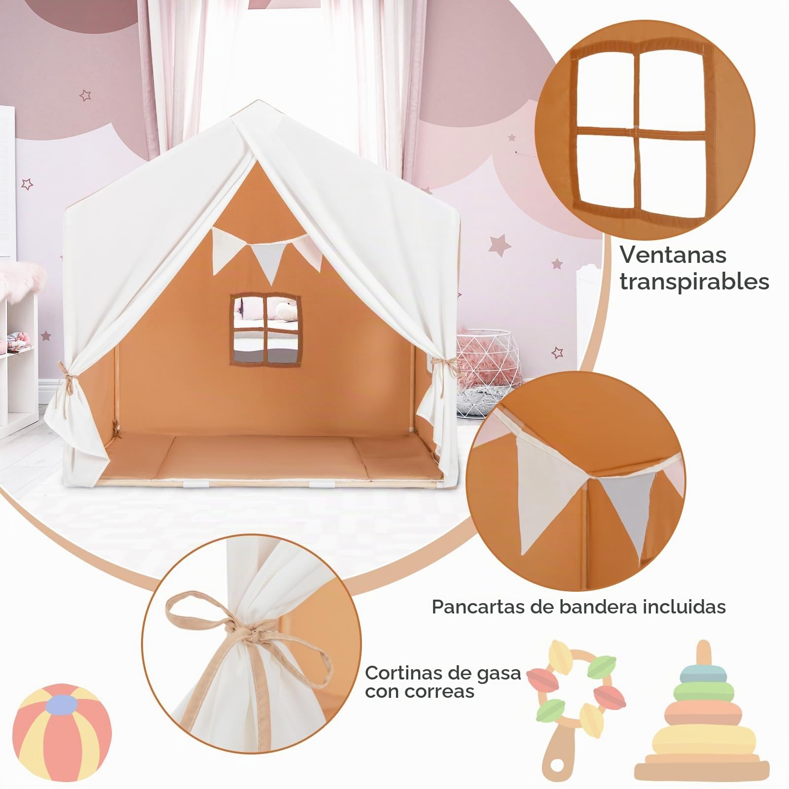 HOMASIS Tienda de campaña Infantil de Interior, Tienda de Juego con colchoneta y Cortina y Banderas, casita de Juego de Estructura de Madera para niños de 3+ años, 131 x 91 x 131 cm (Marrón)