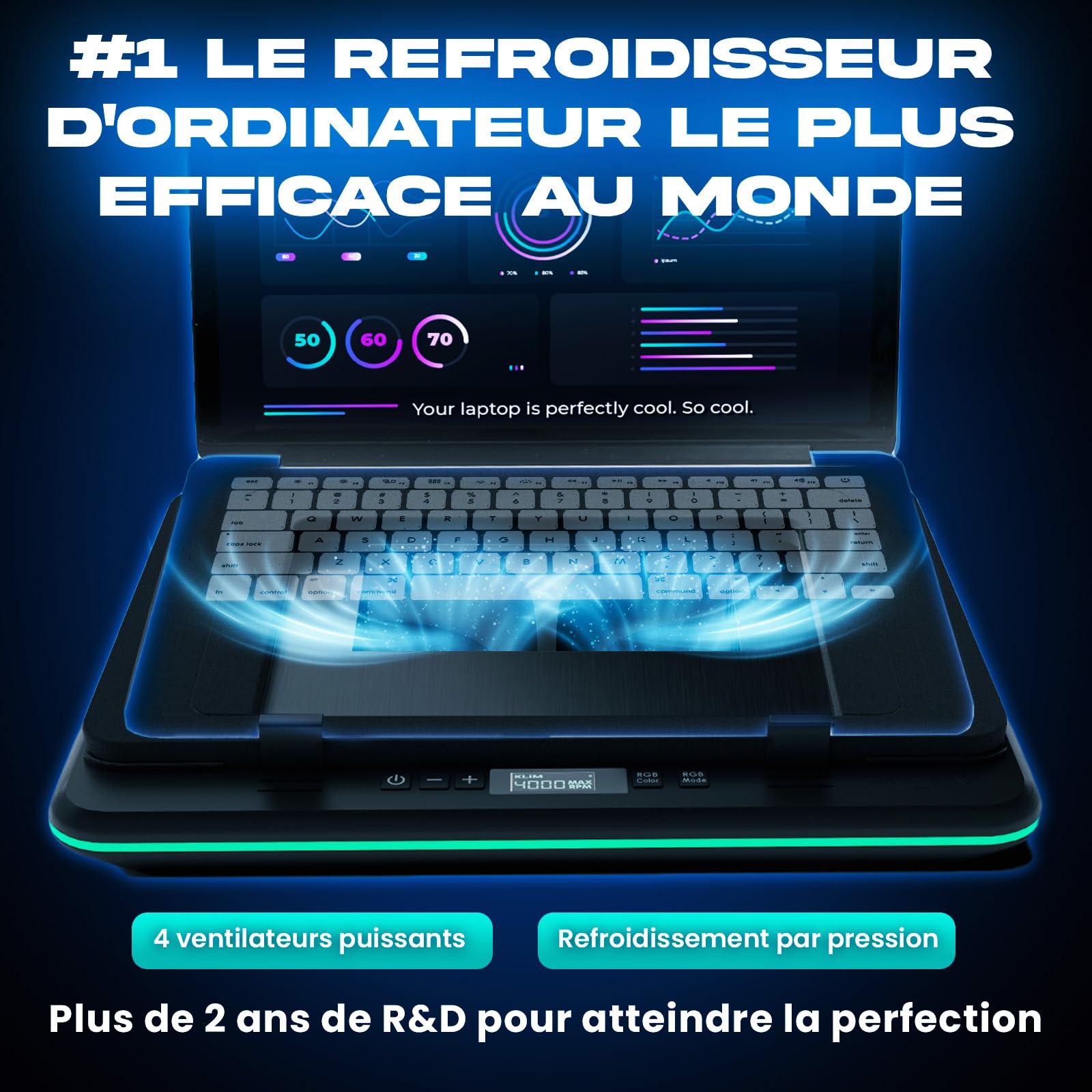 KLIM Turbofrost Refroidisseur PC Portable 4 Turbo Ventilateurs - 4x4000 RPM, 2 Modes d'alimentation USB-C/DC, RGB Dynamique, 4 Ports USB, Mousse Isolante - Support Ventilé PC Portable 14-17in - Noir