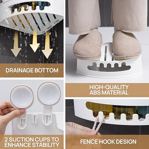 Miniatura 6 de LEVERLOC Organizador de ducha de esquina con ventosa, ventosa para estantes de ducha, paquete de 2 cestas de baño potente, organizador impermeable y