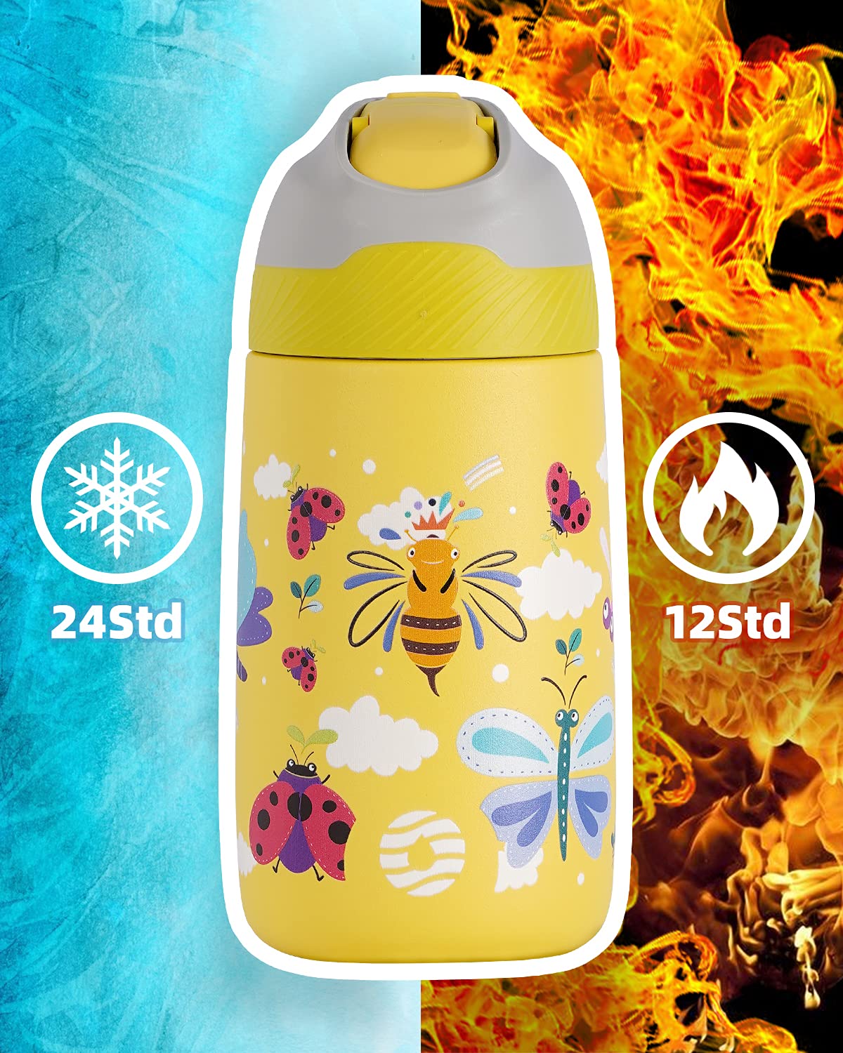 Fjbottle Borraccia Bambini Acciaio Inox con cannuccia 350ml, Borraccia Termica senza BPA, bottiglia da viaggio per scuola, campeggio