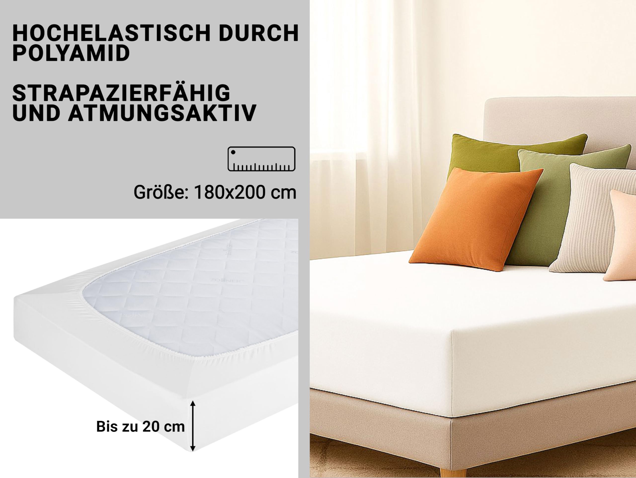 ZOLLNER Spannbettlaken in 180x200 cm - mit eingearbeitetem Gummibund - Mischgewebe - Made in Europe – waschbar bis 95°C - Hotelqualität - Oeko Tex® Zertifiziert