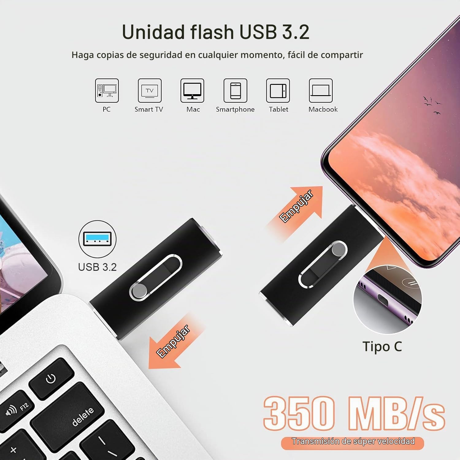 Pendrive 256GB 3.2 Vansuny Pen Drive USB C 256 GB(Velocidad de Lectura 350 MB/S) Memoria USB 256GB USB Flash Drive Compatible con teléfonos móviles/tabletas/Ordenadores/Windows/iOS (Negro)