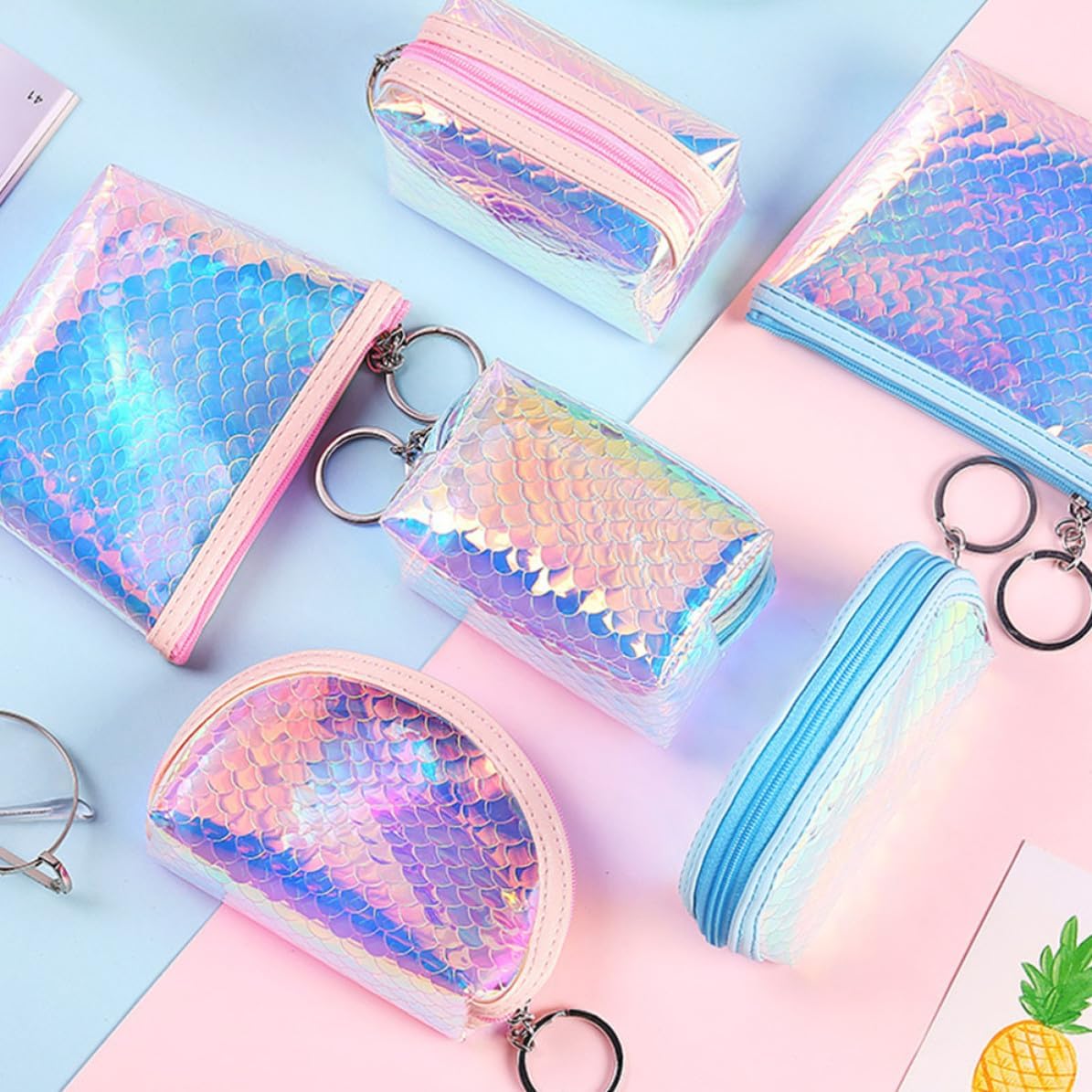Ciieeo 3 Pcs Holographic Coin Purse with Zipper, Tpu Pink Change Wallet image 5