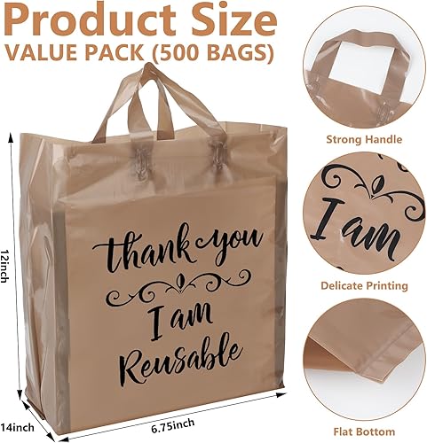 Miniatura 2 de 500 bolsas de compras con asas de 12 x 6.75 x 14 pulgadas, bolsas de plástico reutilizables de color marrón a granel de 2 mil, bolsa de regalo de