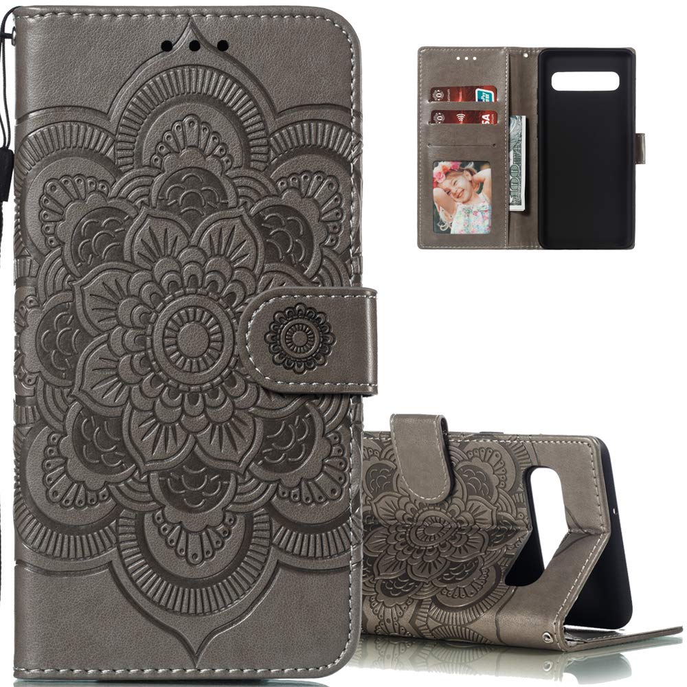 LEECOCO for Galaxy S10e Case Mandala Embossing Luxury PU Leather Flip Notebook Wallet Bookstyle Magnetic Stand Card Slot Folio Bumper Protection Cover for Samsung Galaxy S10e Mandala Gray LD