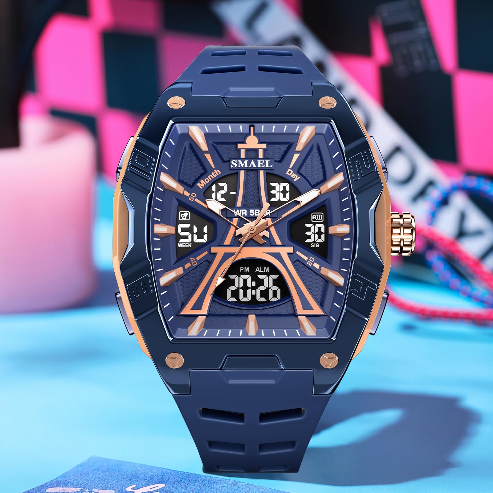 Gosasa Tonneau - Reloj deportivo analógico digital para hombre, resistente al agua hasta 50 m, reloj de pulsera de gran tamaño con retroiluminación LED, cronómetro, alarma, visualización de fecha y