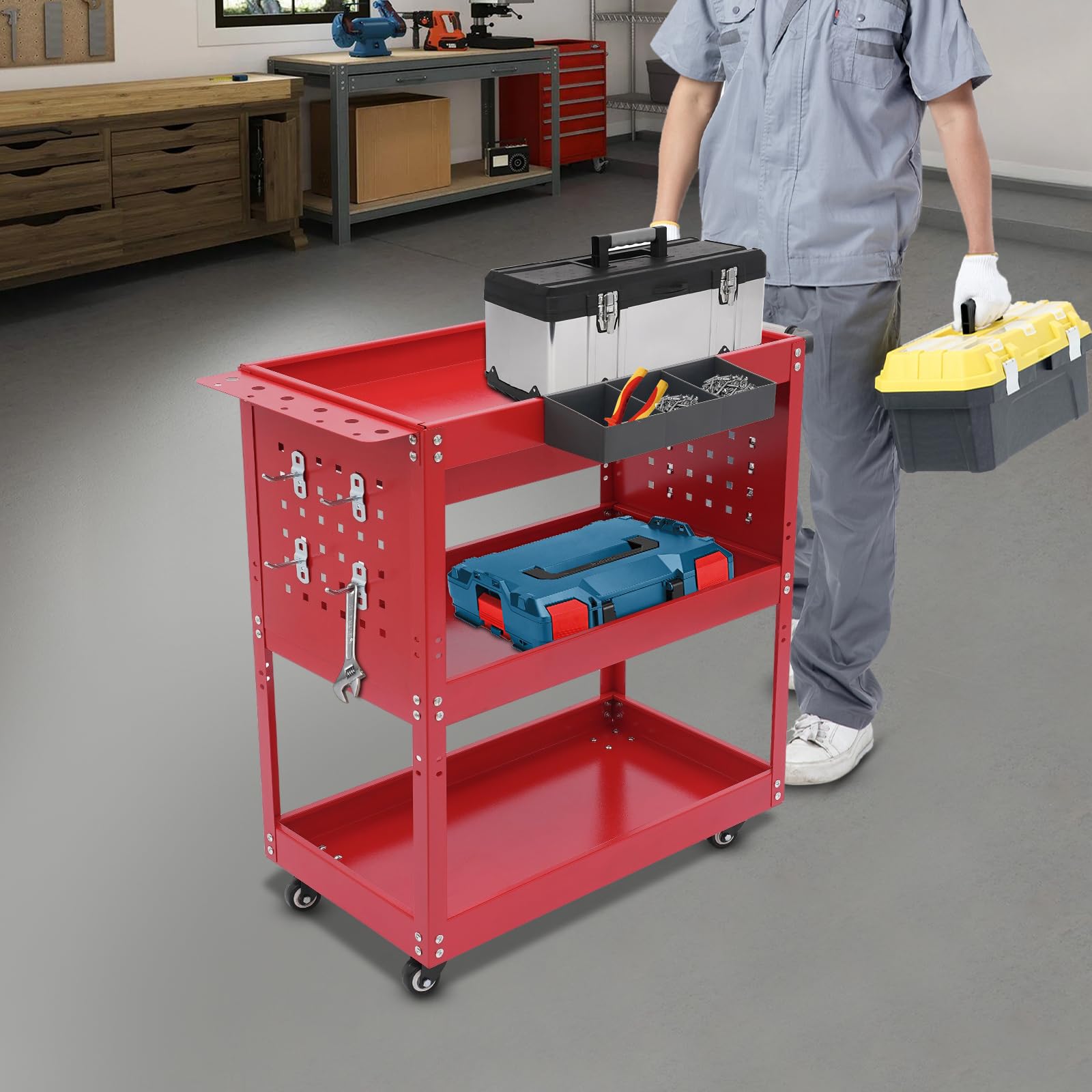 Carro de taller de 3 pisos con cajones, carro de herramientas 250 kg (rojo)