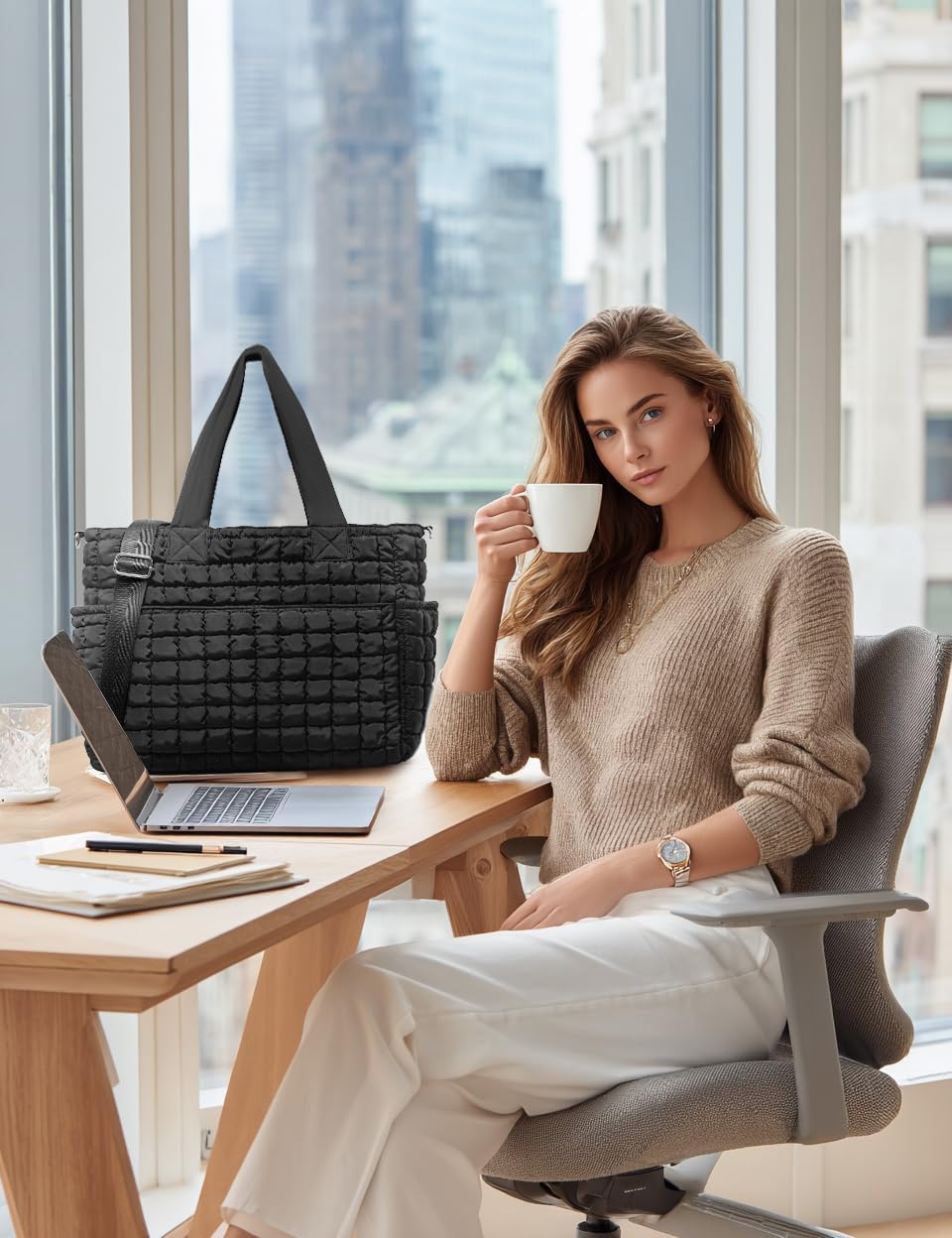 Yarnic Large Puffer Tote Bag for Women, Puffy Shoulder Handbag Quilted Tote Bag with 7 Pockets for Travel Work Gym - Image 2