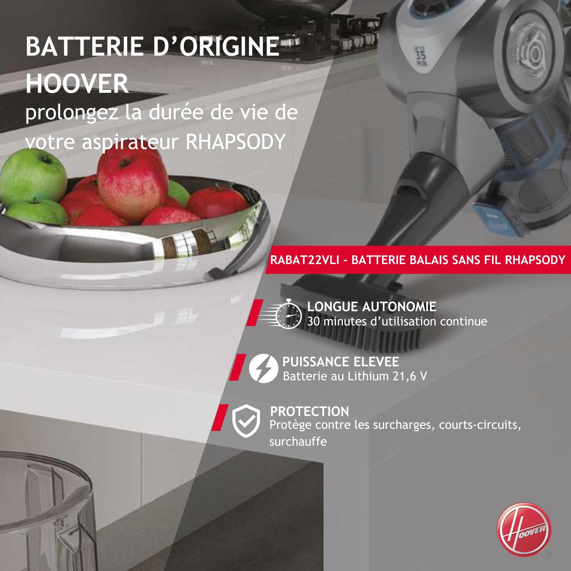 HOOVER RABAT22VLI Batterie pour Aspirateurs Hoover - Compatible avec Les Aspirateurs Balais Electriques Rhapsody - Batterie de Rechange d'origine - Rechargeable - 21,6 V