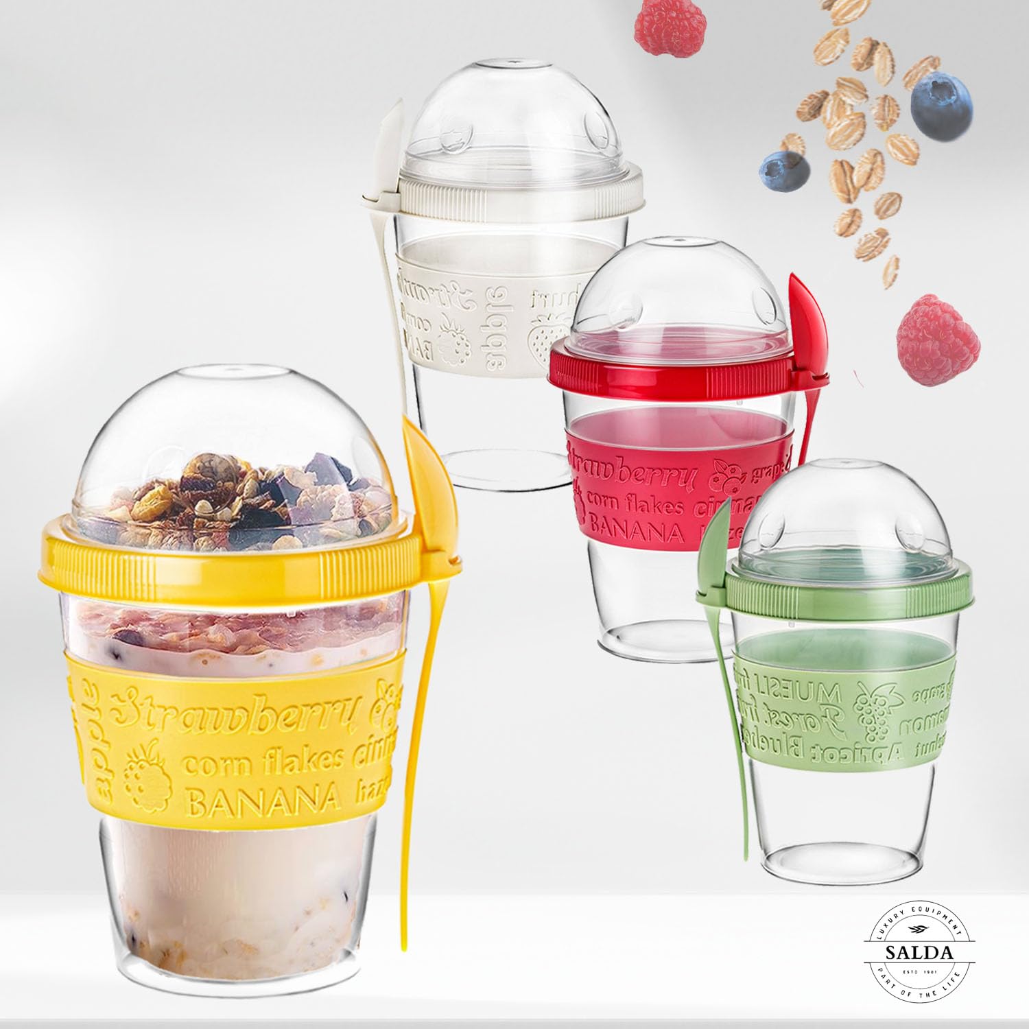 salda4 Pack 20 oz Breakfast On the Go Cups, Take and Go Yogurt Cup with Topping Cereal Cup with spoon, Overnight Oats or Oatmeal Container Jar, Colorful Set of 4