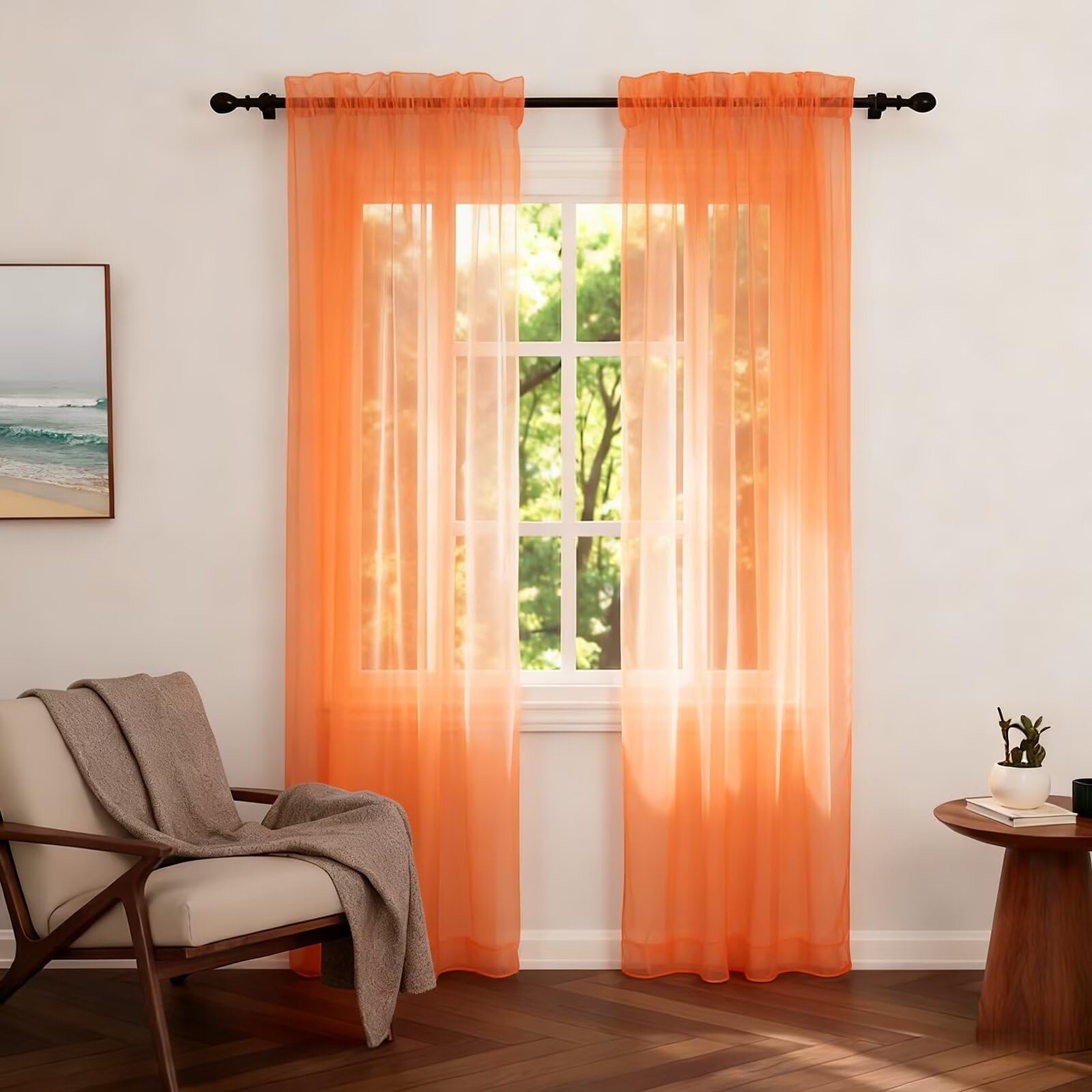 Zdada Net Curtains for Windows 72 Drop, Orange Slot Top Voile Curtains, Semi Transparent Sheer Curtain Net Curtain Panel for Living Room Kitcken W60xL72 Inch,2 Panels — image 1