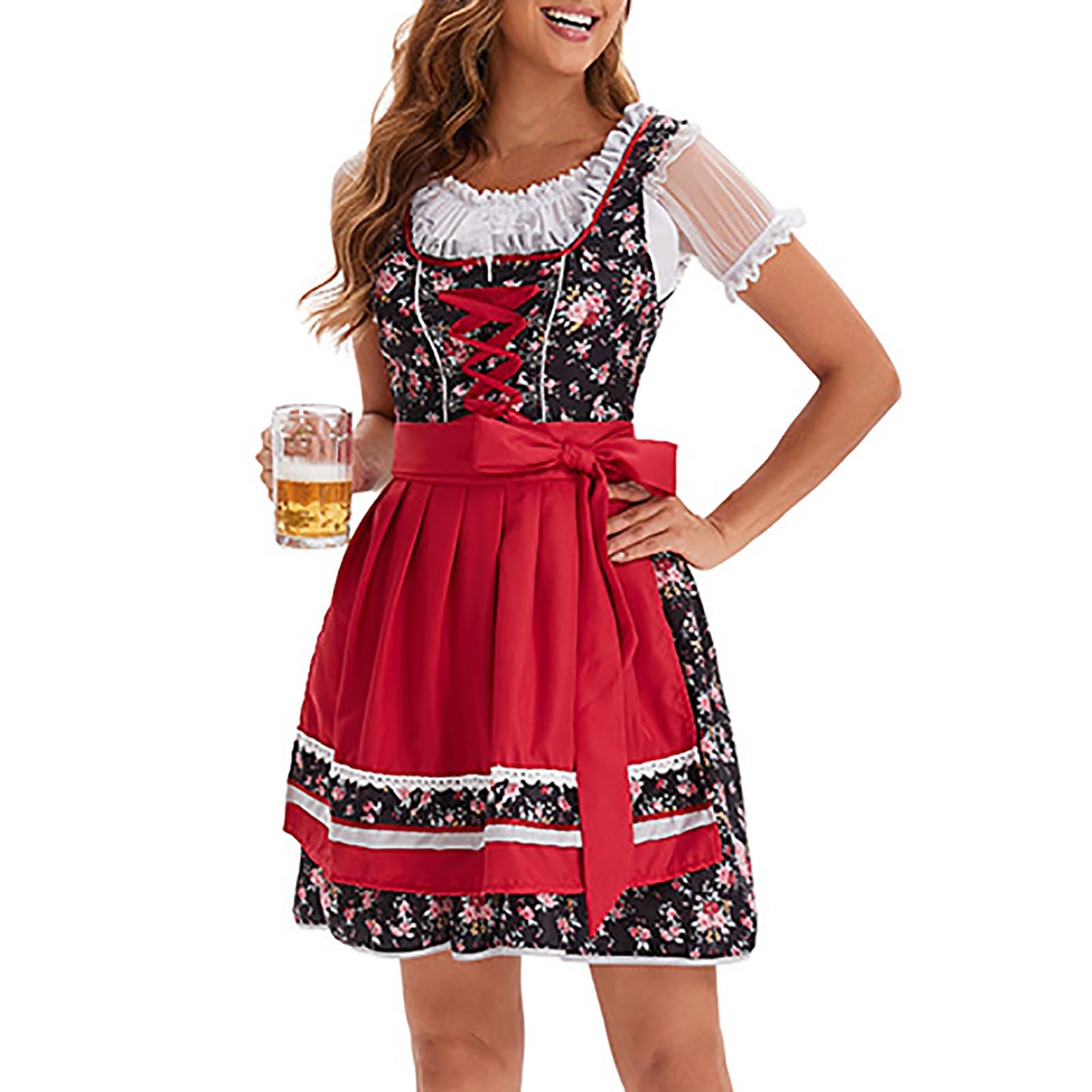 Vestido tirolés para mujer, elegante, vestido midi de encaje, vestido tradicional bávaro, estilo étnico, falda tirolesa, vestido largo para Oktoberfest