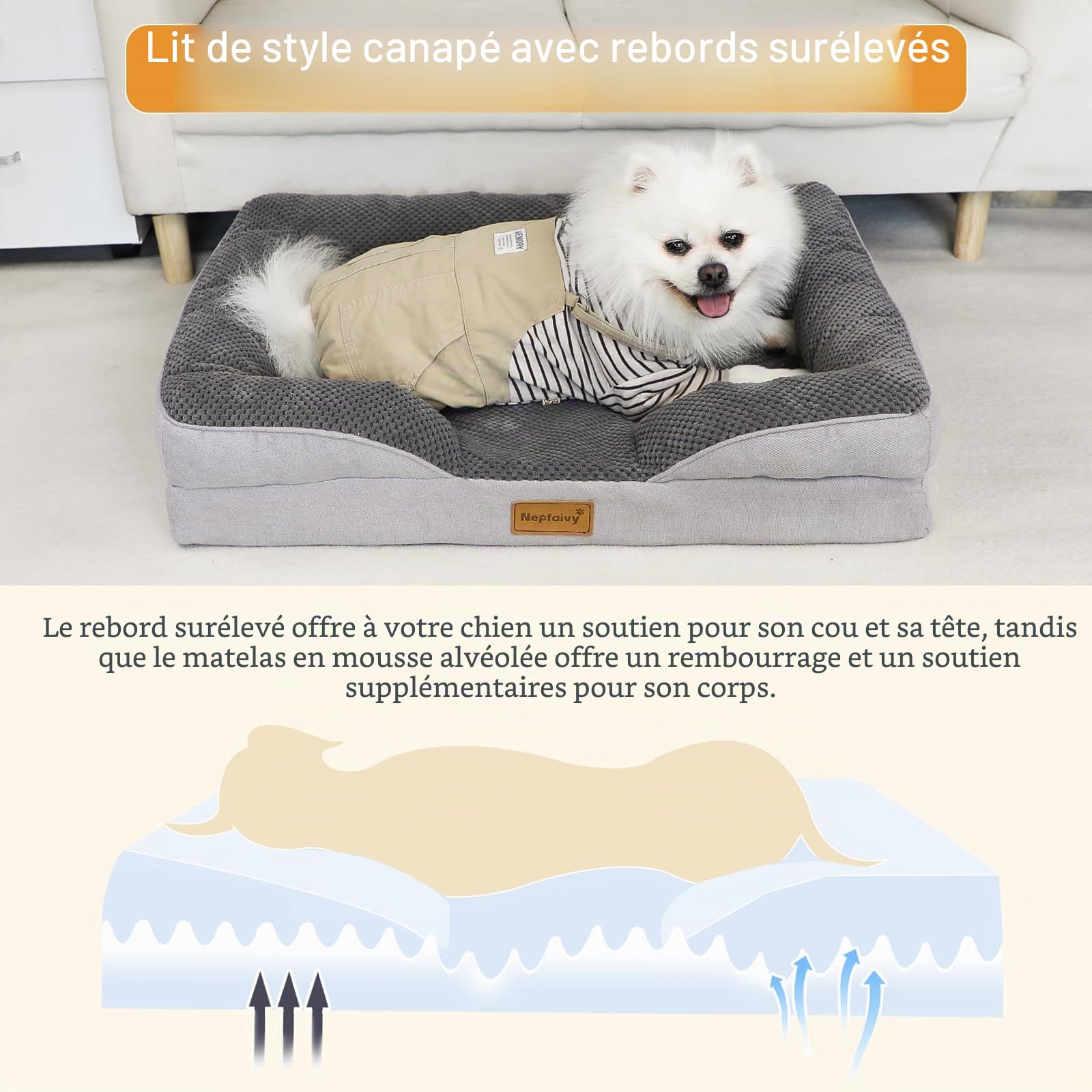 Nepfaivy Panier Coussin Chien Déhoussable - Tapis Lavable et Antidérapant, Lit Orthopédique pour Chien Moyenne Taille, Matelas en Mousse avec Doublure Imperméable, 90x68cm, Gris Foncé