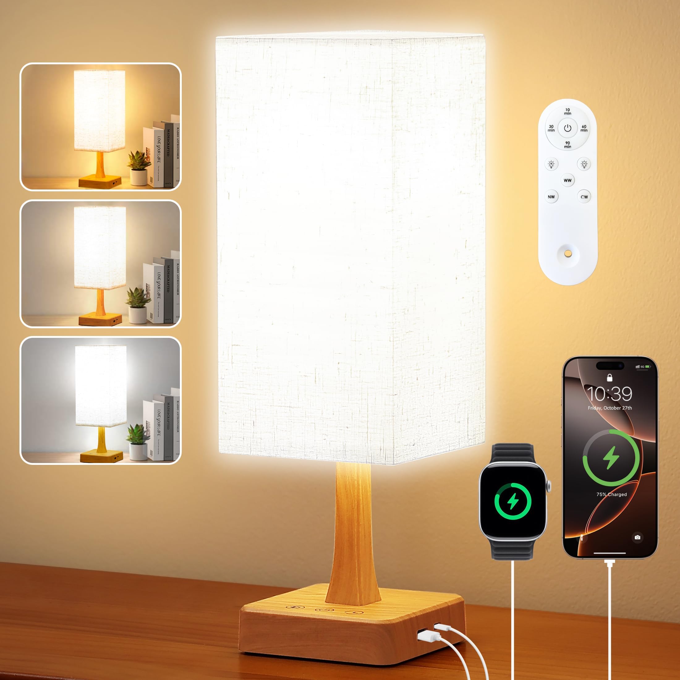 Light Therapy Lamp 10000 Lux Therapy Light with Remote, Upgrade Size, 3 Color Temperatures, 5 Brightness Level Full Spectrum Light with USB C & A Ports Home/Office Use As Lift Mood,Grain
