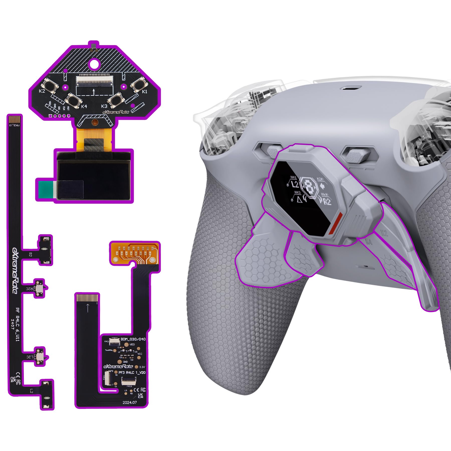 eXtremeRate SPARK Remap Kit per ps5 Controller BDM-030 040 050 060, Display OLED + Clicky Trigger Stop + Grip Ergonomici, 4 Palette Posteriori Rimappabili Accessori per ps5 Joystick, Grigio Scuro