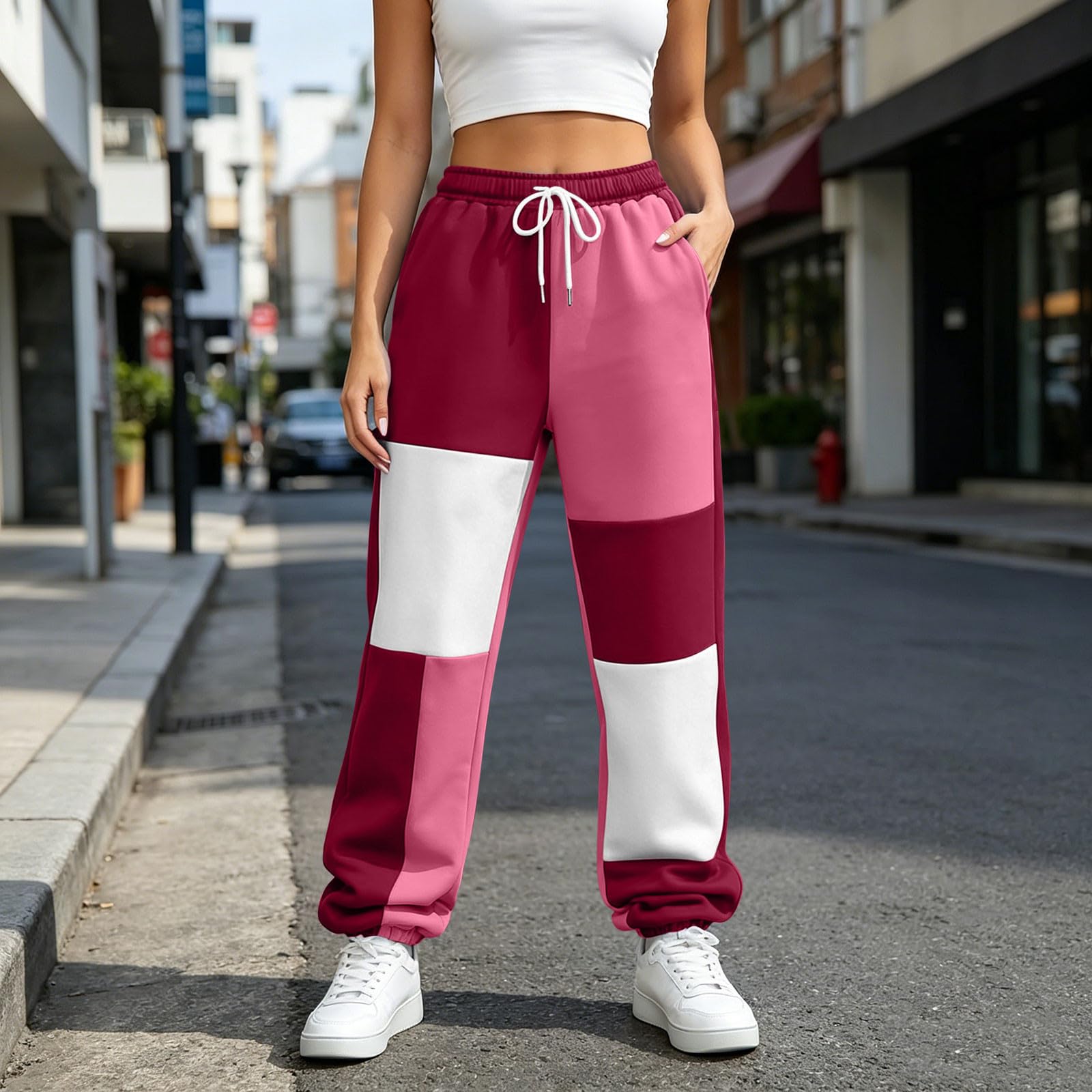Pantaloni Donna Tuta Casual Pants Blocco di Colore Moda Pantaloni Tuta Donna con Tasche Running Joggers A Vita Alta vestibilità Rilassata Pantalone Ampia per Il Tempo Libero All'aperto