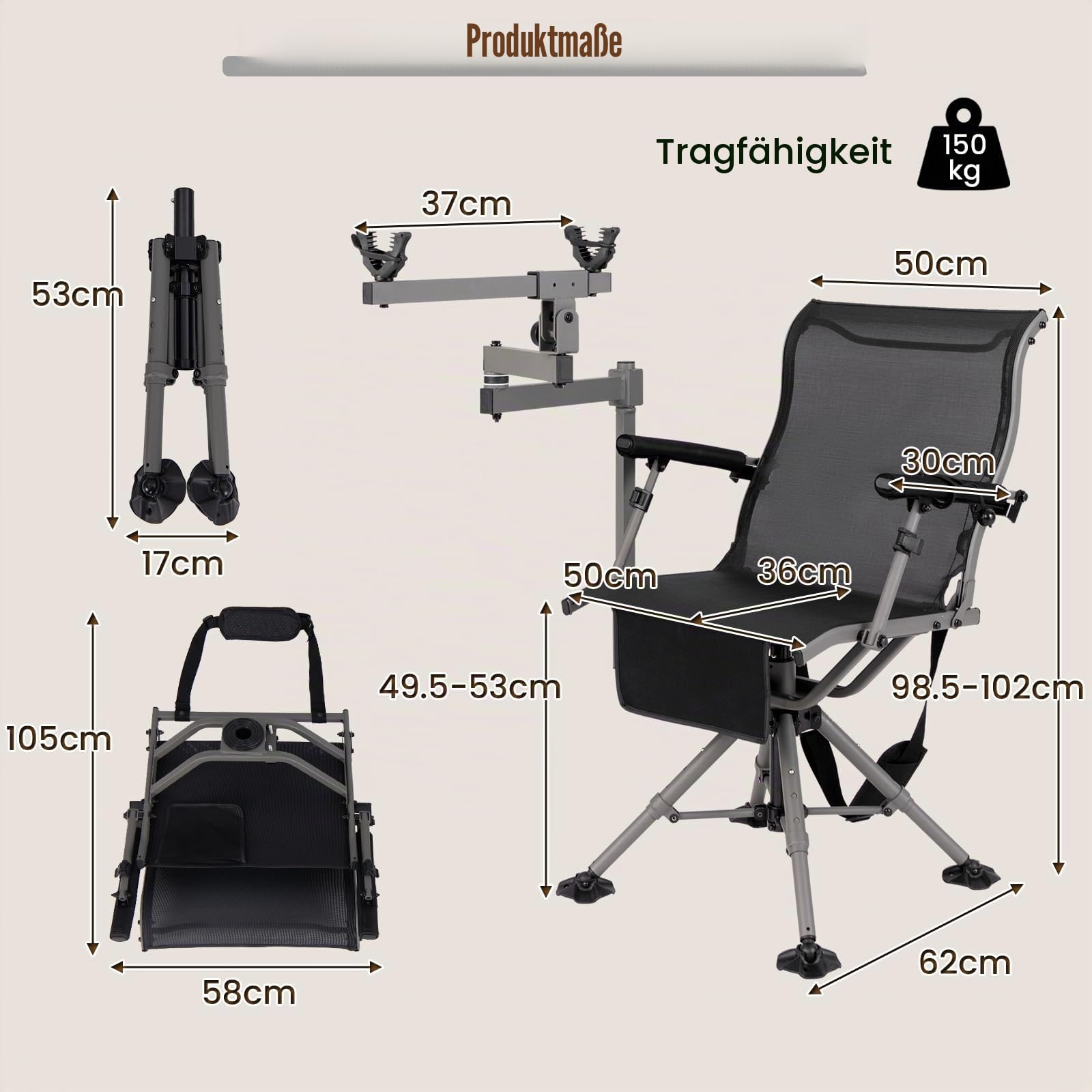 KOMFOTTEU Jagdstuhl, 360° drehbarer Klappstuhl, Campingstuhl mit verstellbaren Beinen & Gewehrhalterung, Schießstuhl Anglerstuhl tragbar mit Tasche für Camping, Jagen, Angeln (Modell 2)