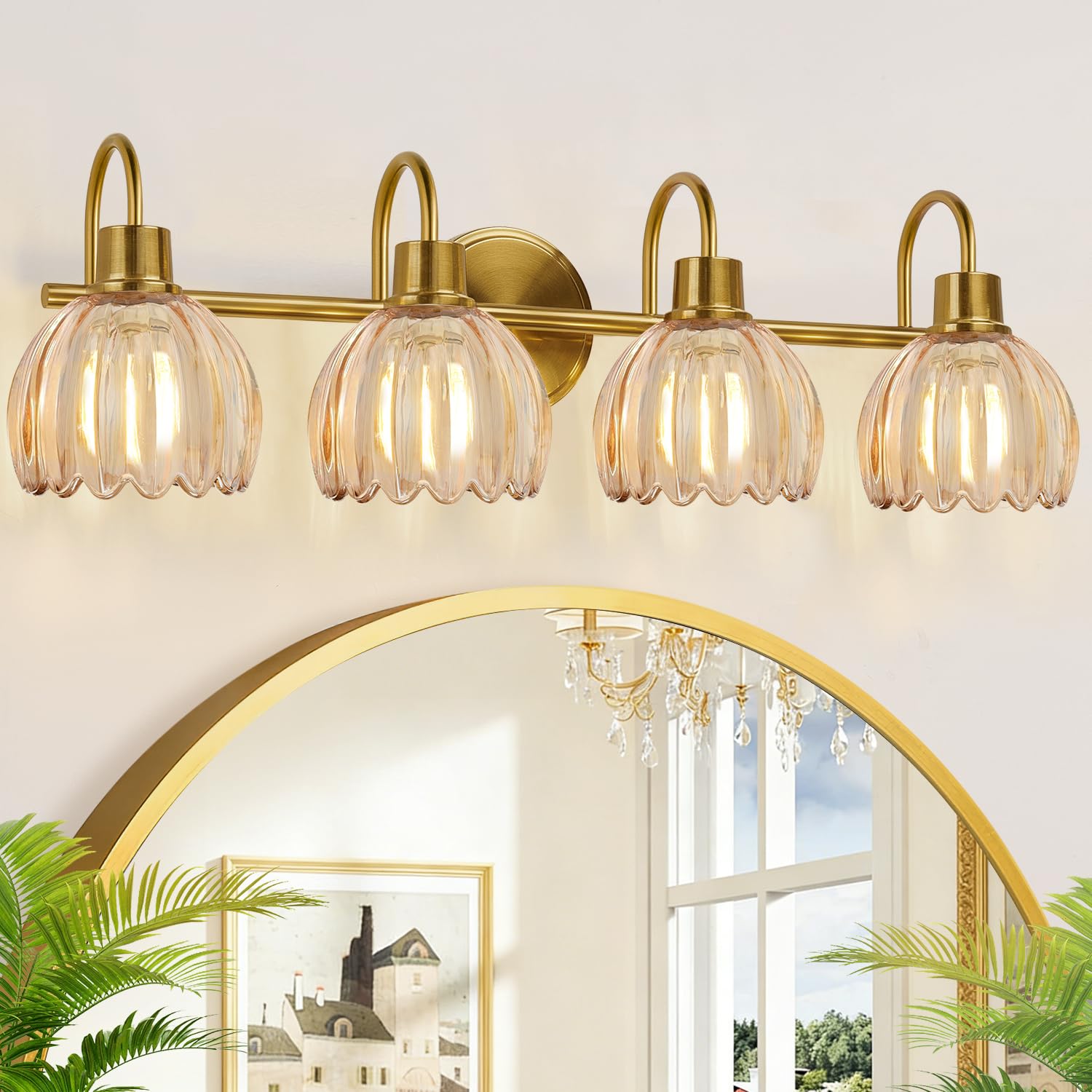 Photo 1 of Meybiok 4-Light Vanity Light Fixture - Brushed Gold with Amber Tulip Glass