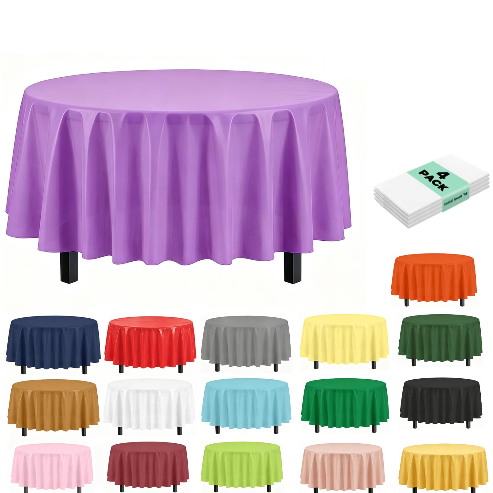4Pack Plastic Deep Purple Party Tablecloths for Round Table, 84 inch Large Round Disposable Table Cover for Party, Decorative Paper Tablecloth Bulk for Picnic, Baby Shower,Wedding,Birthday,Christmas — image 1