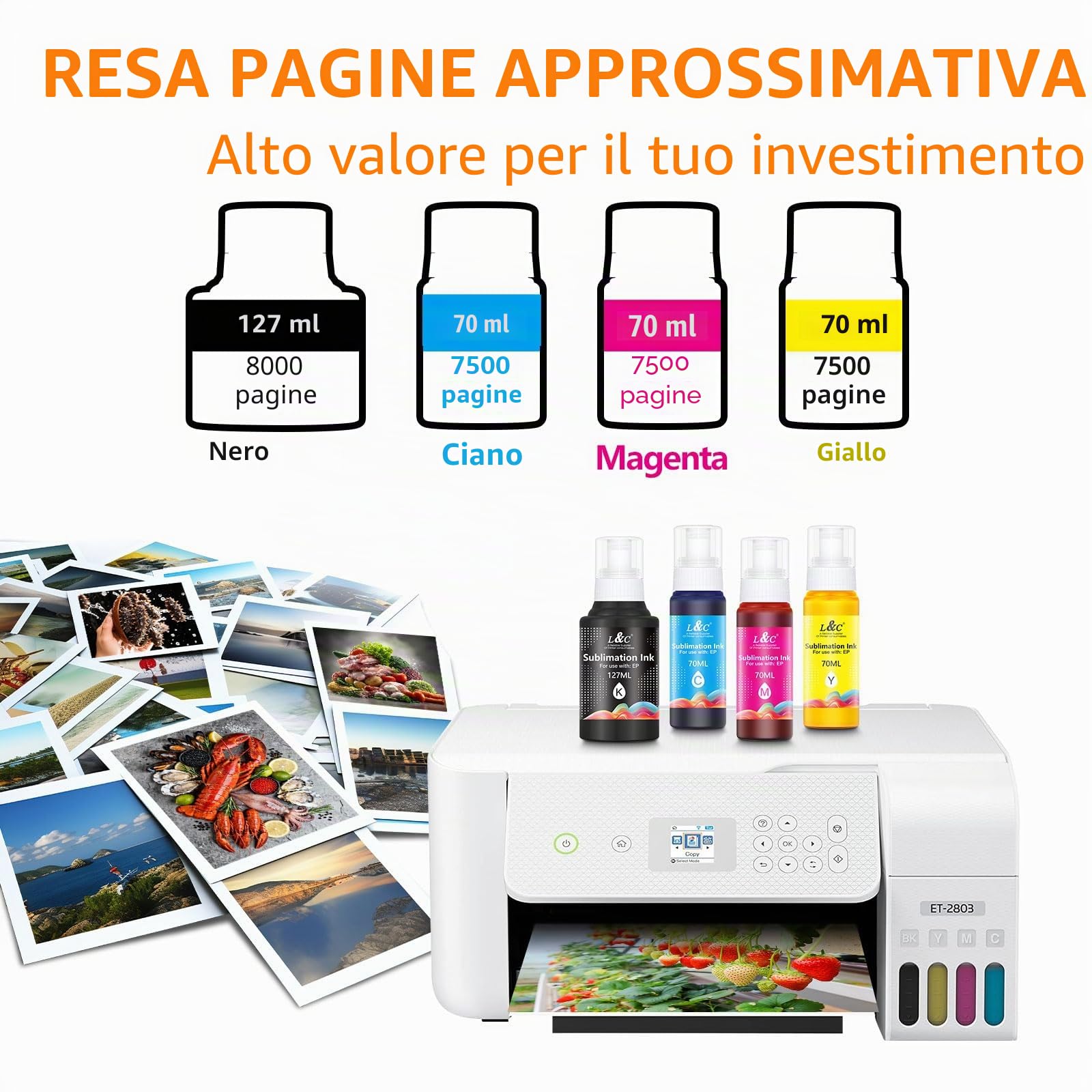 Inchiostro Sublimazione per Stampante ET-1810 ET-2850 ET-2810 ET-2876 ET-2830 ET-2826 ET-2815 ET-15000 ET-4810 ET-2861 ET-2870 ET-2871 per Epson Ecotank (Riempimento automatico/Anti-UV/Senza ICC)