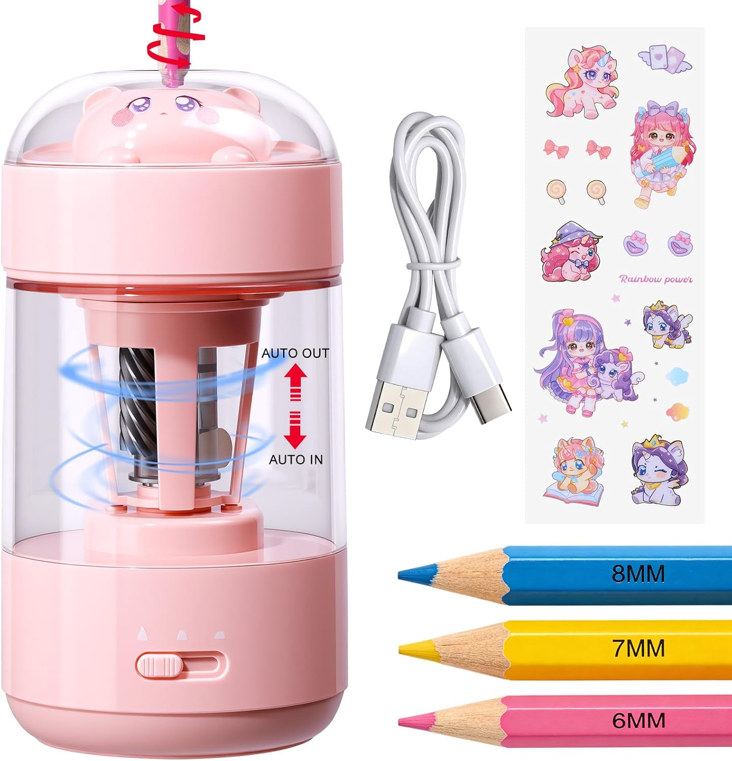 Rechargeable Automatic Electric Pencil Sharpener, Auto in & Out 3 Adjustable Thickness, Type-C Charging, Cute DIY Stickers, for 6-8mm Pencils, 3s Fast Sharpening, Ideal for School & Home (Pink)