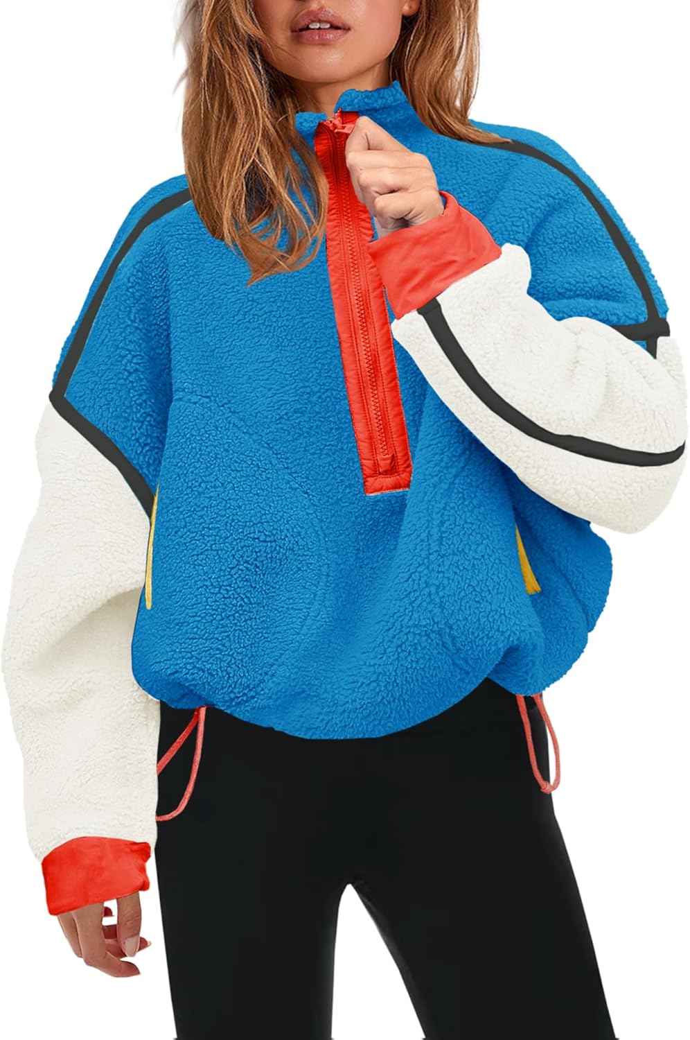 Panadila Womens Half Zip Sherpa Fleece Pullover Soft Oversized Sweatshirt with Pockets Warm Fuzzy Sweater Medium Royal Blue Combo