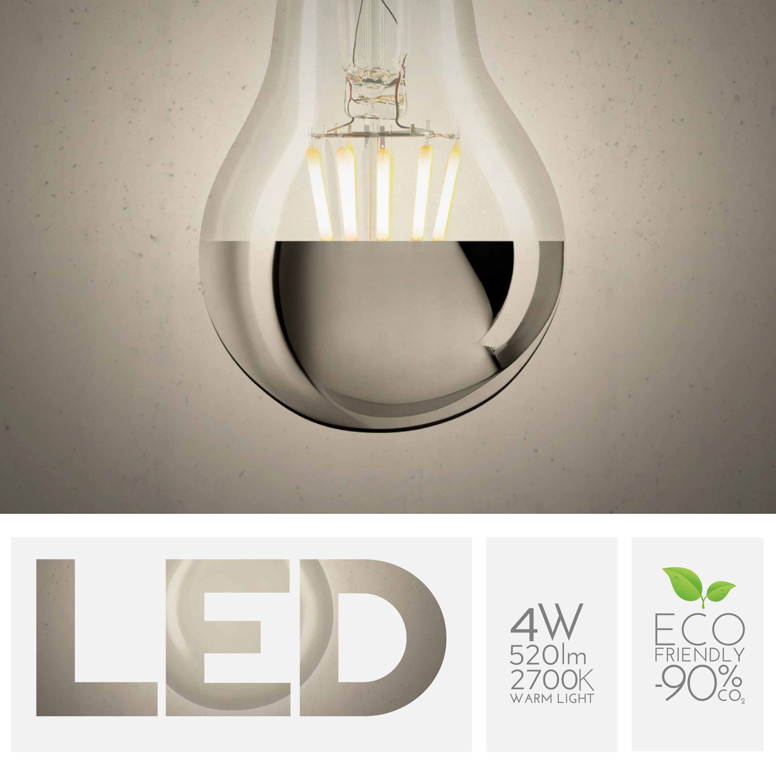 Ampoule goutte miroir 4W équivalente à 40W, E14, verre miroir transparent argenté, 2700K lumière chaude, filament LED droit, 780 lumens, lot de 10 pièces