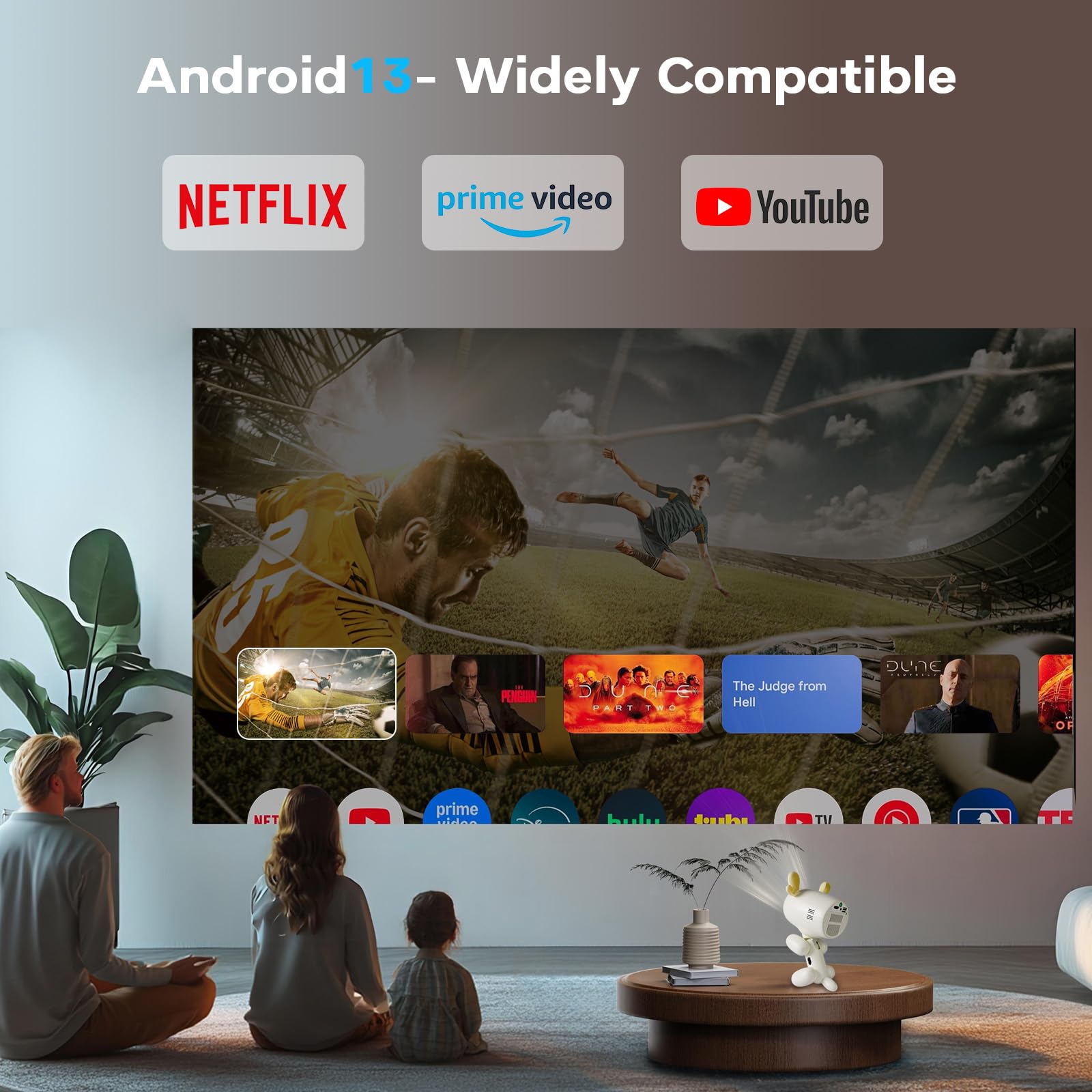 Proyector de techo CineGlow JOYGGE NSL02 Android 13 Proyector portátil con Wi-Fi 6 y BT 5.0 compatible con Netflix/YouTube/Primevideo, Proyector Portátil 4K 1080P para cine en casa y películas al aire