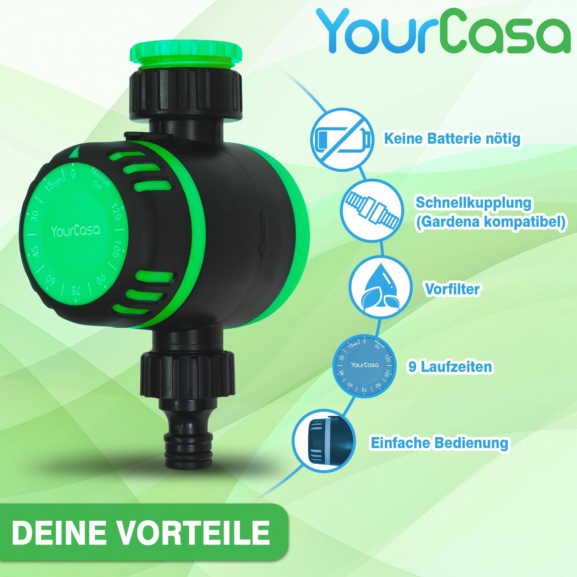 YourCasa Bewässerungsuhr MECHANISCH mit Filter [120 Min] - Zeitschaltuhr mit Schlauchkupplung zur Bewässerung - Wasserhahn Garten Wasser Zeitschaltuhr Bewässerungsautomat Wasserzeitschaltuhr (Grün)