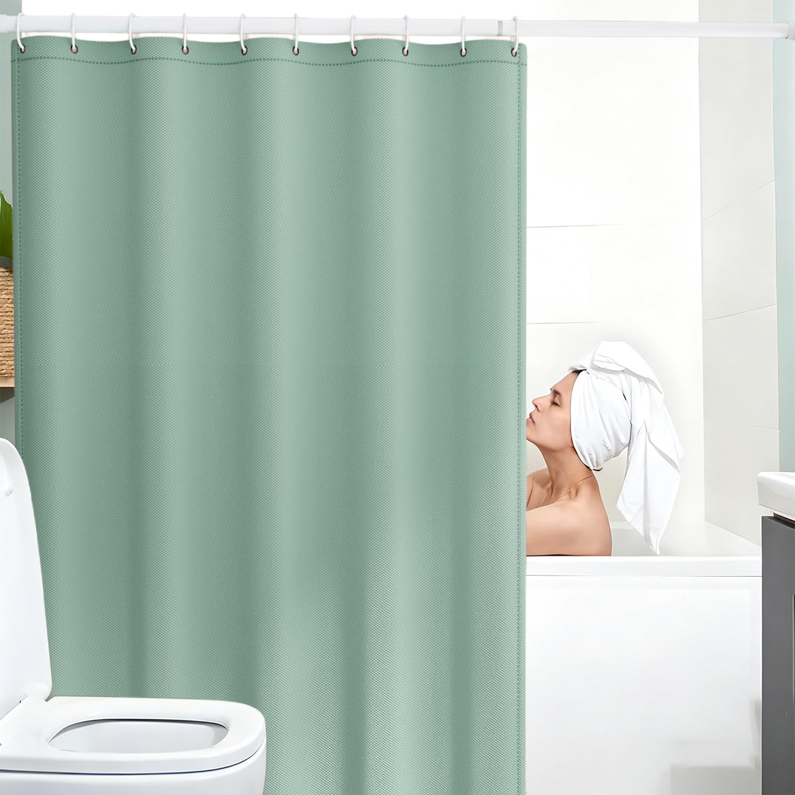 Cortina Ducha 90 x 230 cm Cortina de Baño Impermeable - Resistente Al Moho y Al Moho, Tela Repelente Agua, 100% Poliéster, con Ojales y Anillos, Verde Claro