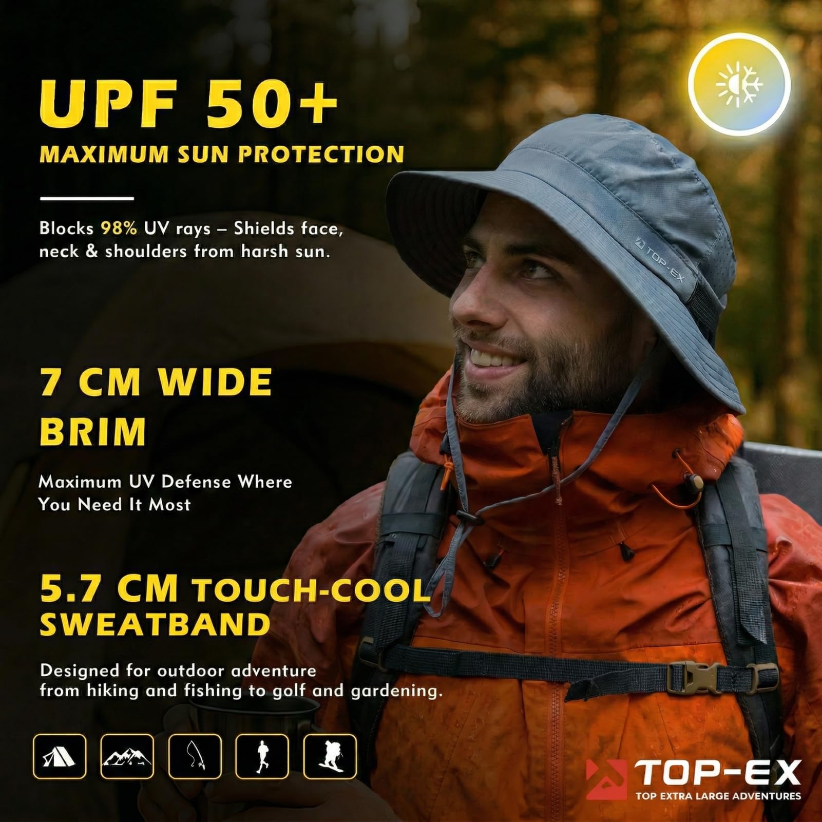 TOP-EX Sombrero de pescador refrescante para hombre, transpirable, protección UV, sombrero de sol para mujer, sombrero de verano al aire libre con ala ancha, sombrero de safari plegable
