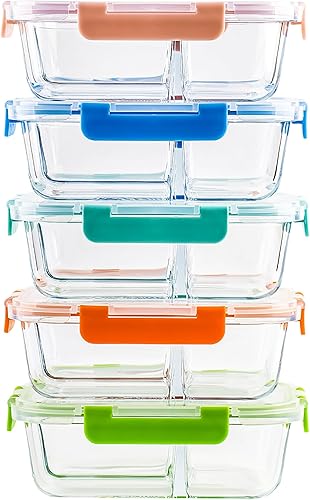 Paquete de 5 recipientes de vidrio con 3 compartimentos, 34 onzas, recipientes divididos de almacenamiento de alimentos con tapas, lonchera de disponible en Yaxa Colombia