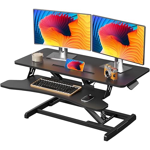 35 inch Standing Desk Converter, Height Adjustable Desktop Standing Desk with Keyboard Tray for Two Monitors, Sit to Stand up Desk Riser Computer Workstation for Home Office, Black