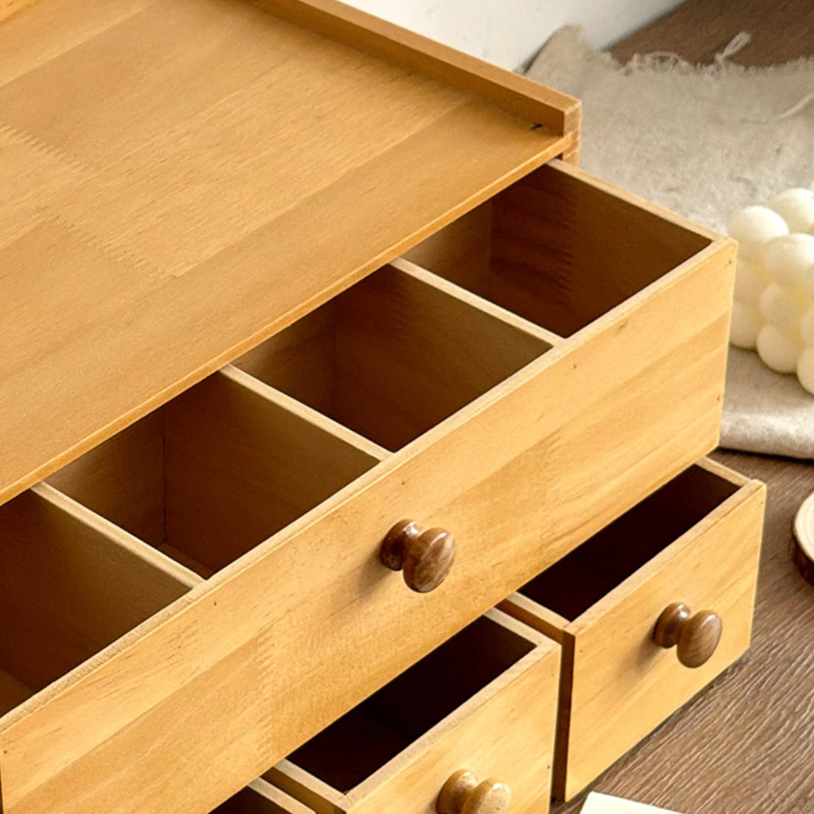 predolo Cassettiera da Scrivania in Legno Ripiano Superiore Piatto Organizzatore con Cassetti in Legno Fatto a Mano per Ufficio, Legno Naturale, Scatola Da Tè A 4 Cassetti