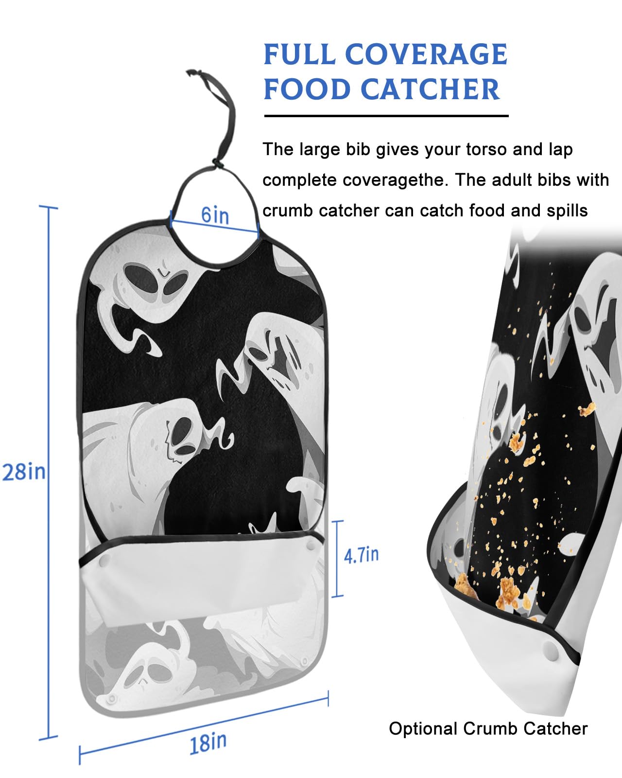 Jolunifun Halloween Ghost Adult Bib for Adults Men, Women, Washable & Adjustable Terry Cloth Bib with Crumb Catcher Reusable Waterproof Clothing Clothes Protector Apron Black White Horror Watercolor
